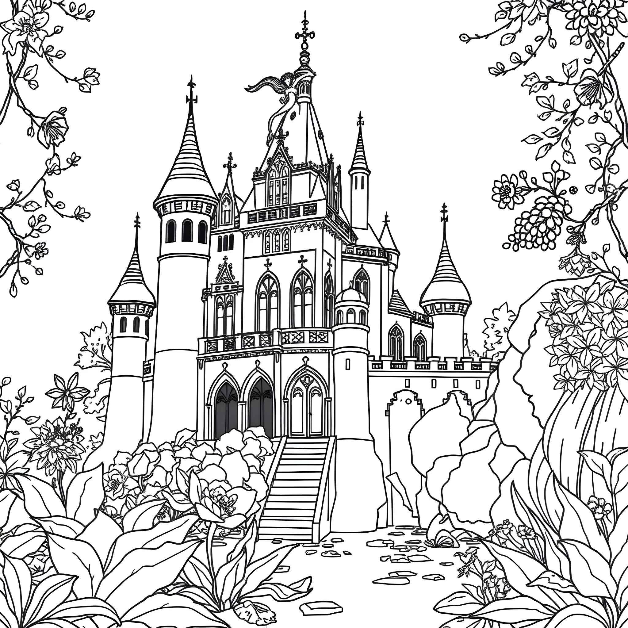 Château of Floral Elegance Coloring Page (free black-and-white line drawing printable PDF for all, from beginners to advanced learners, including children, teens, adults, and seniors)