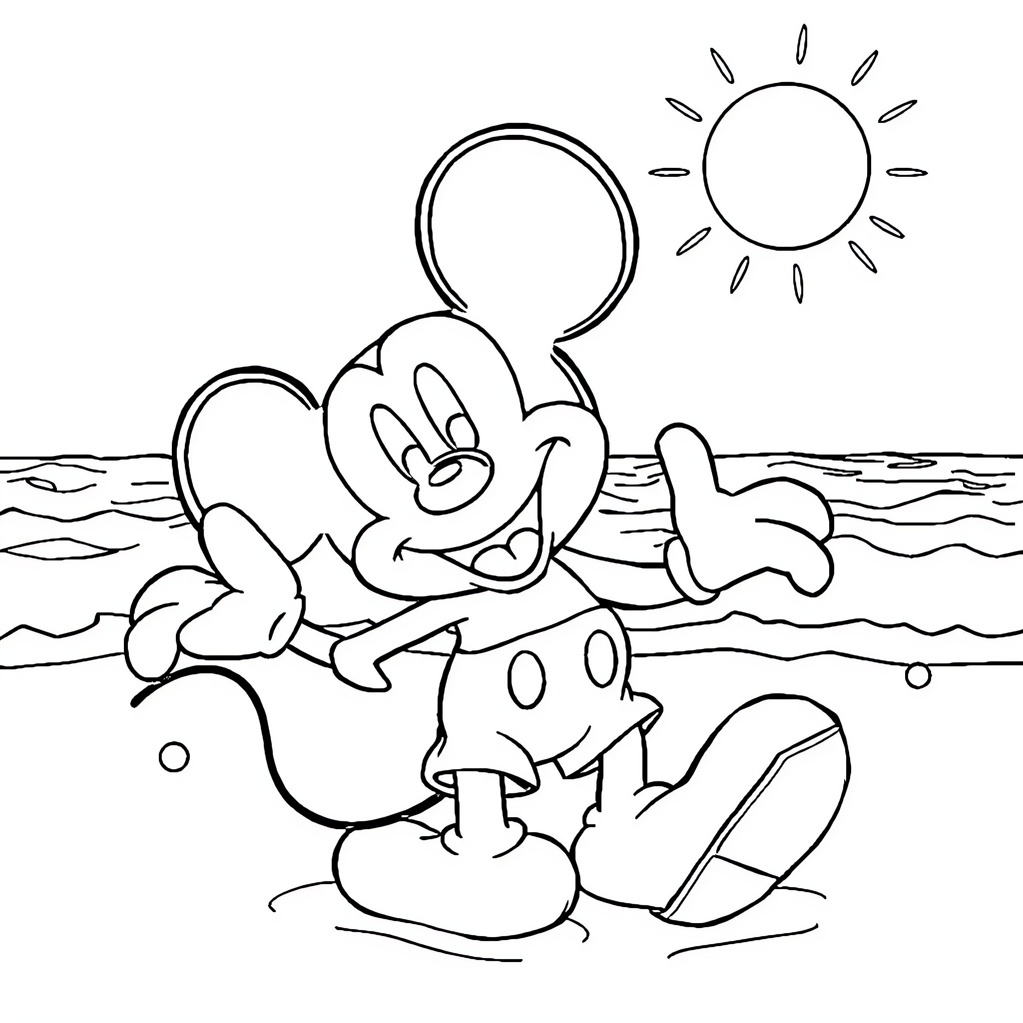Mickey enjoying a sunny day at the beach Coloring Page (free black-and-white line drawing printable PDF for all, from beginners to advanced learners, including children, teens, adults, and seniors)