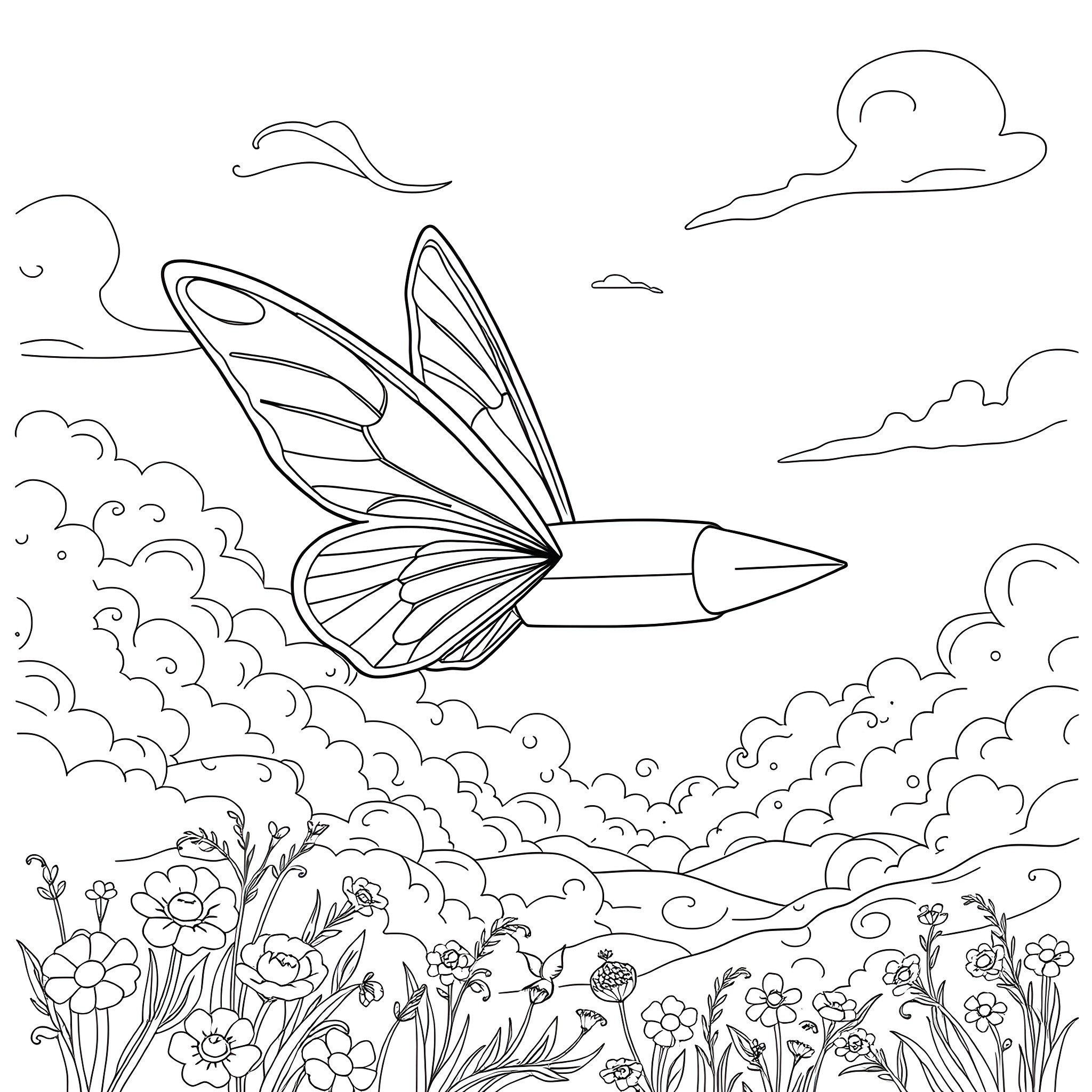 Bullet Rocket Flying over Floral Landscape Coloring Page (free black-and-white line drawing printable PDF for all, from beginners to advanced learners, including children, teens, adults, and seniors)
