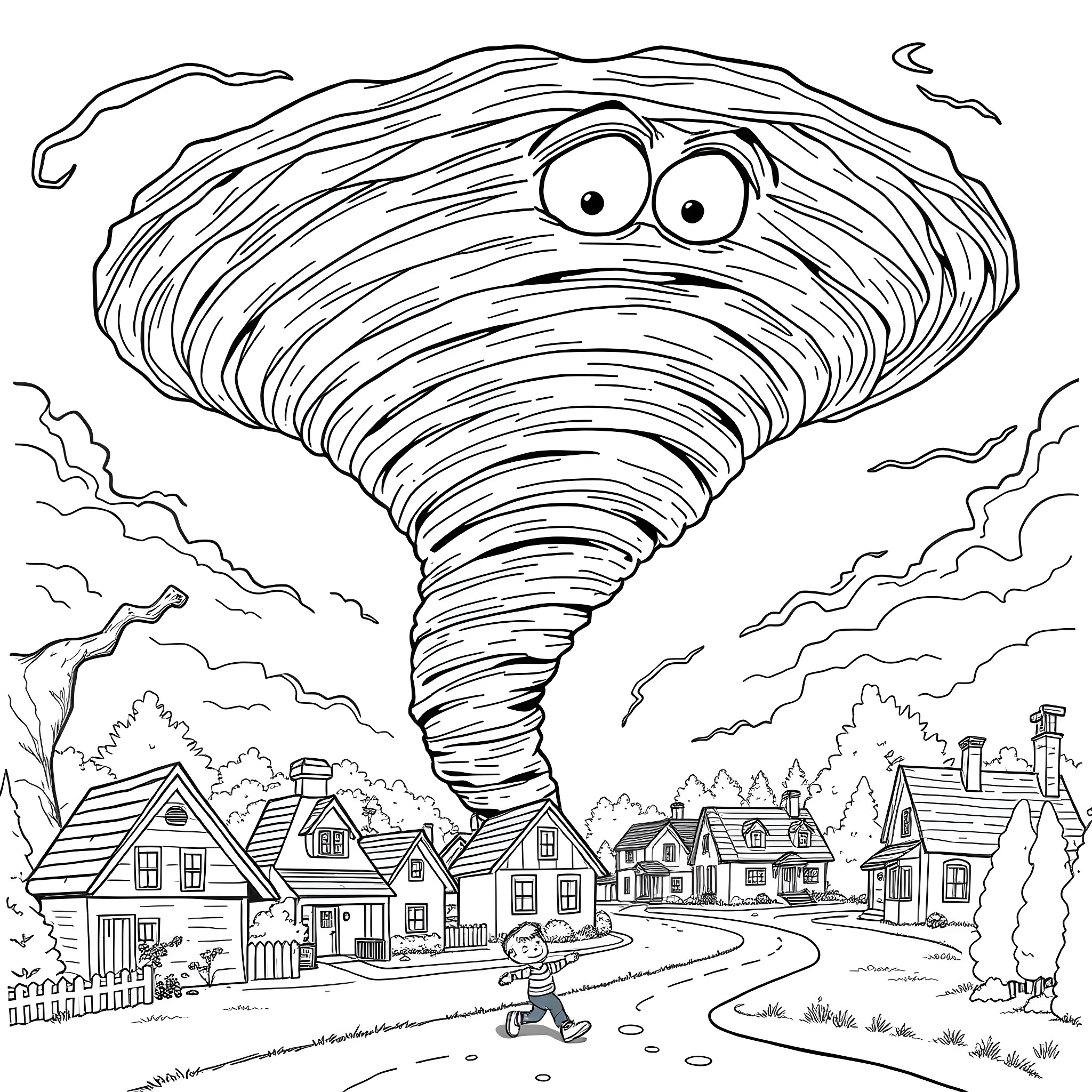 Tornado with large eyes looming over a town Coloring Page (free black-and-white line drawing printable PDF for all, from beginners to advanced learners, including children, teens, adults, and seniors)
