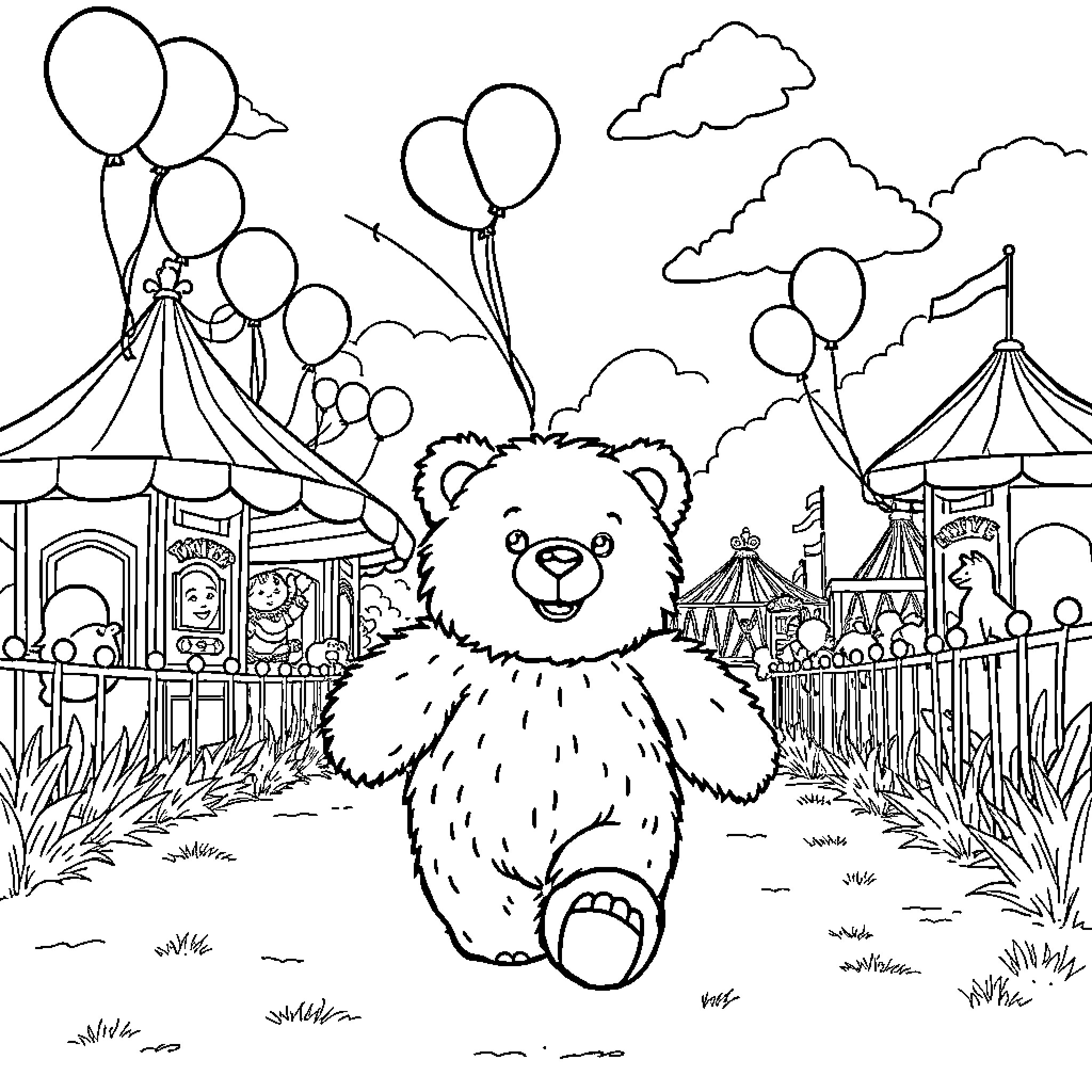Bear playing happily at the carnival Coloring Page (free black-and-white line drawing printable PDF for all, from beginners to advanced learners, including children, teens, adults, and seniors)