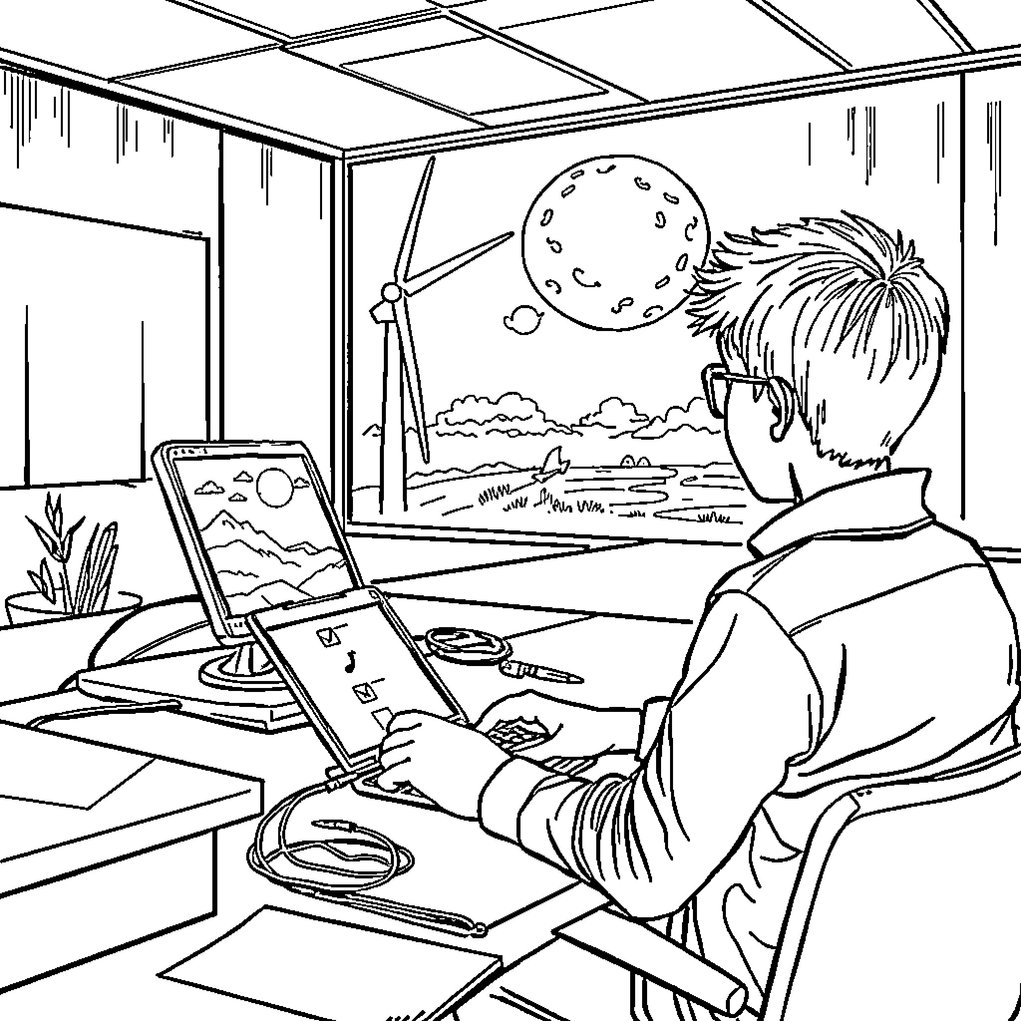 Eolienne: Artist sketching a landscape in the studio Coloring Page (free black-and-white line drawing printable PDF for all, from beginners to advanced learners, including children, teens, adults, and seniors)