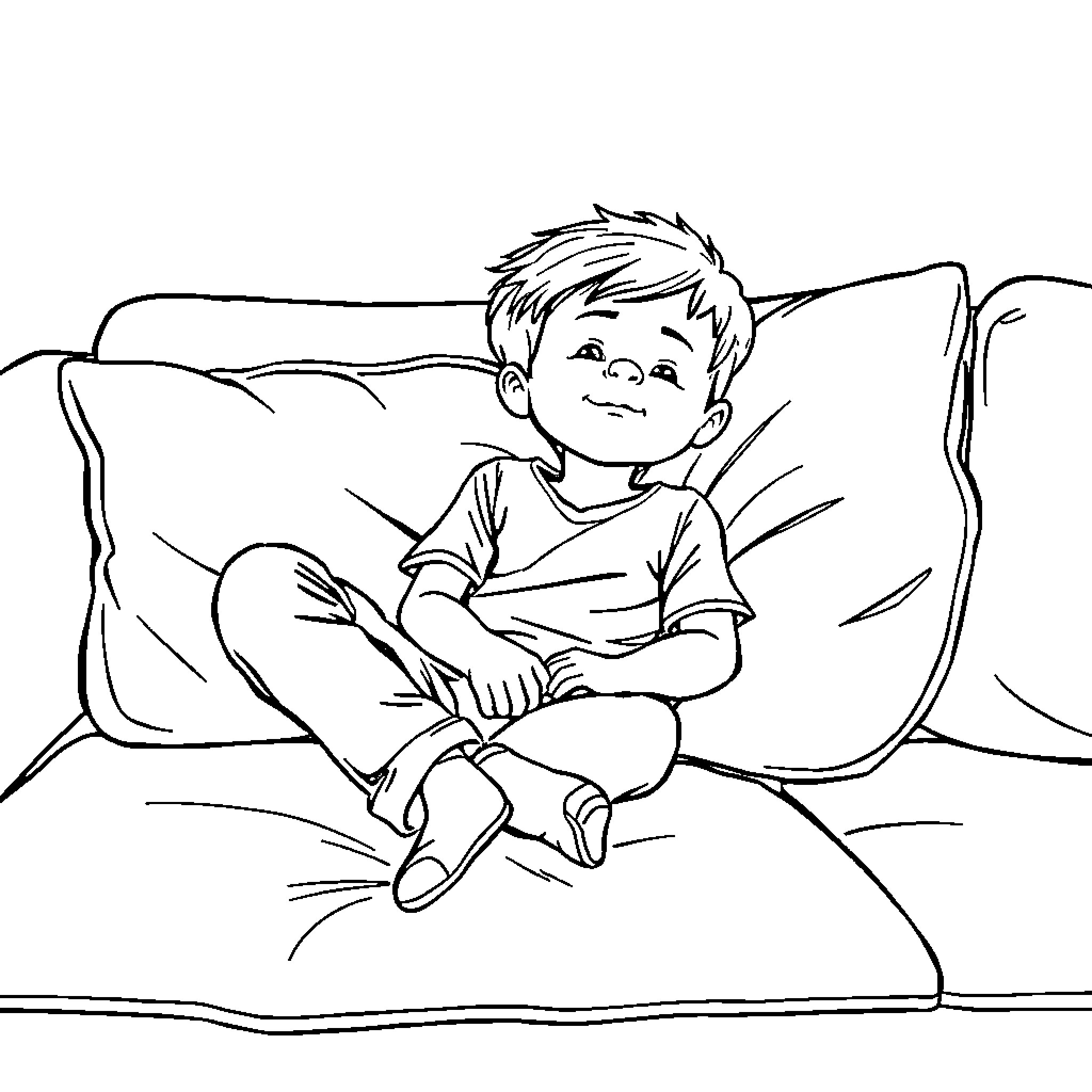 Boy relaxing comfortably on the sofa Coloring Page (free black-and-white line drawing printable PDF for all, from beginners to advanced learners, including children, teens, adults, and seniors)