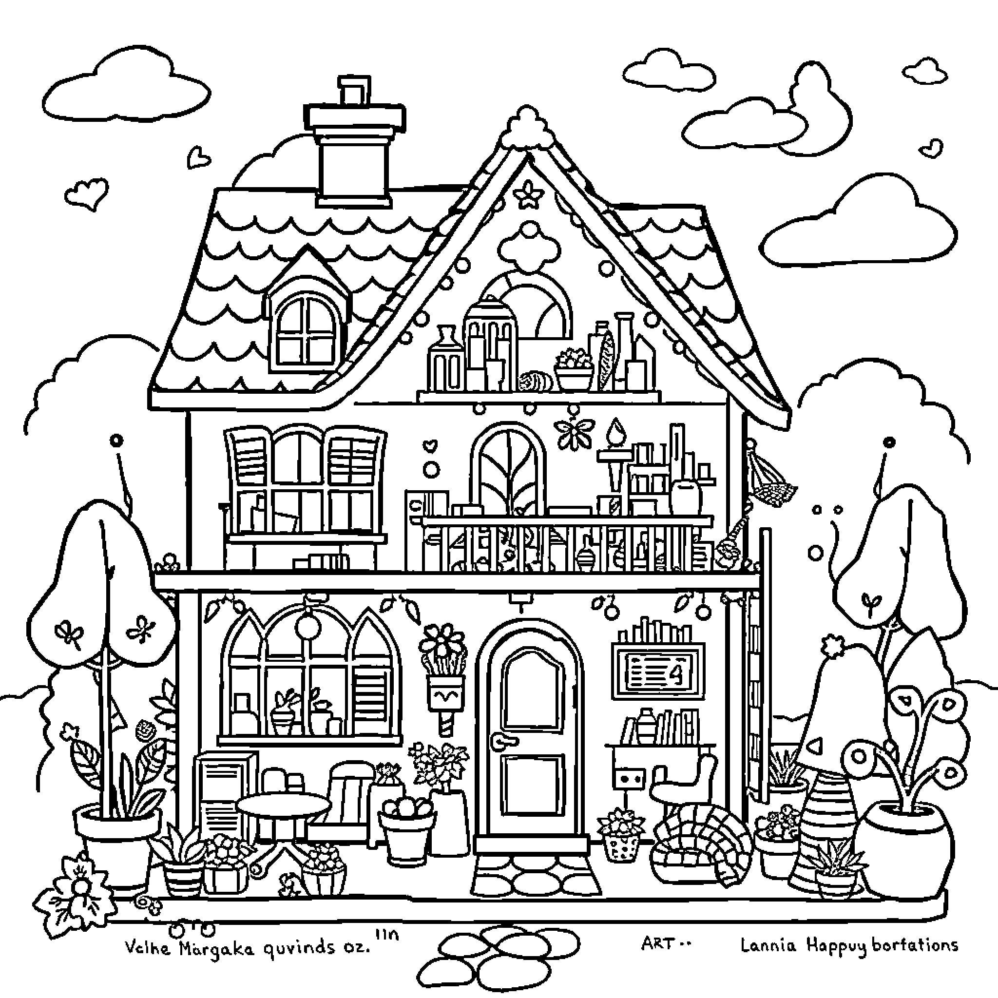 Gabby's Dollhouse - Whimsical house filled with trinkets and toys Coloring Page (free black-and-white line drawing printable PDF for all, from beginners to advanced learners, including children, teens, adults, and seniors)