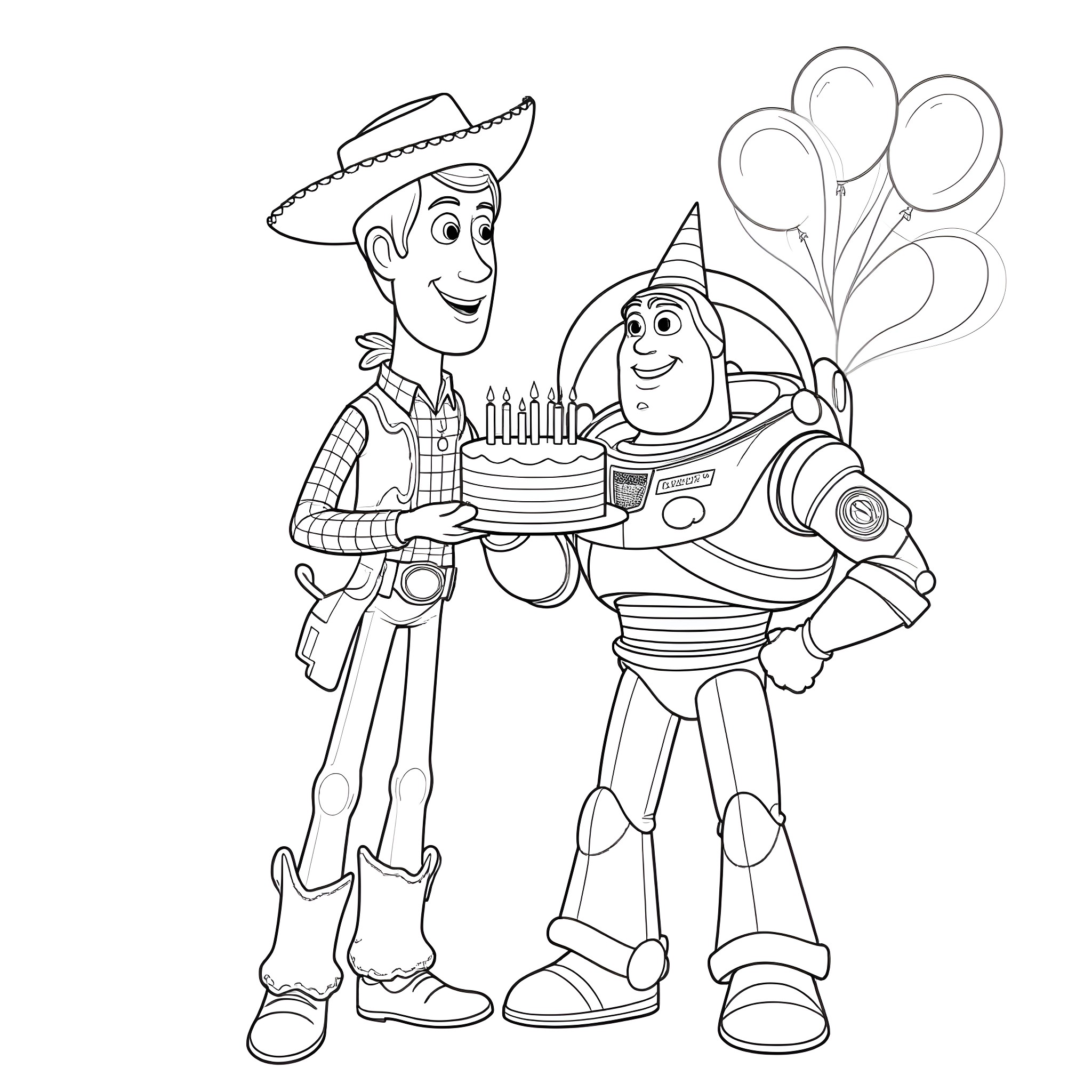 Woody and Buzz celebrating with cake and balloons Coloring Page (free black-and-white line drawing printable PDF for all, from beginners to advanced learners, including children, teens, adults, and seniors)