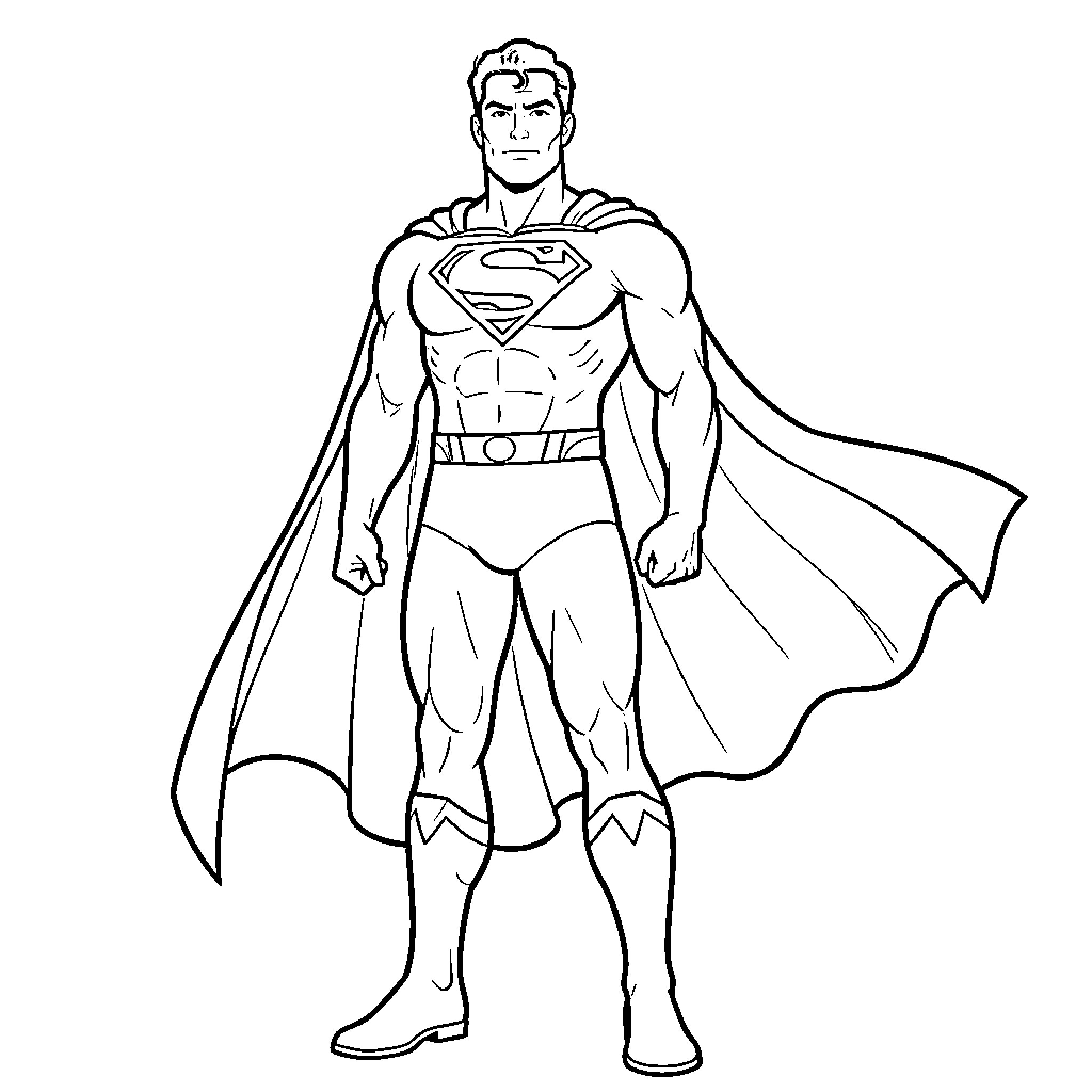 Superman standing heroically in his iconic superhero suit Coloring Page (free black-and-white line drawing printable PDF for all, from beginners to advanced learners, including children, teens, adults, and seniors)