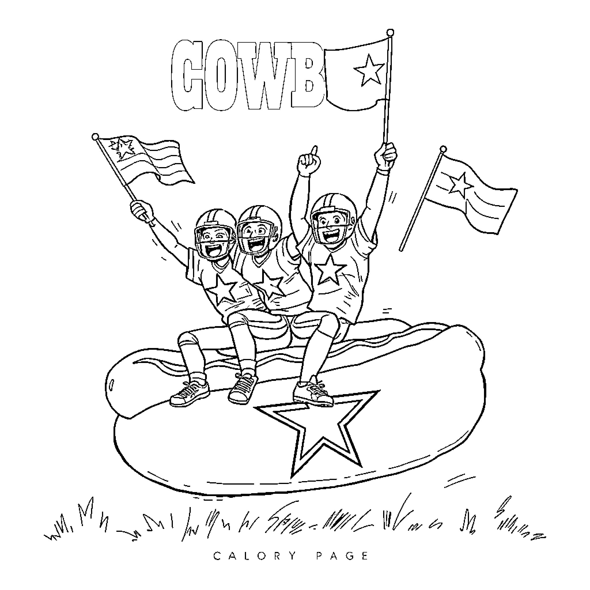 Dallas Cowboys fans cheering and waving flags Coloring Page (free black-and-white line drawing printable PDF for all, from beginners to advanced learners, including children, teens, adults, and seniors)