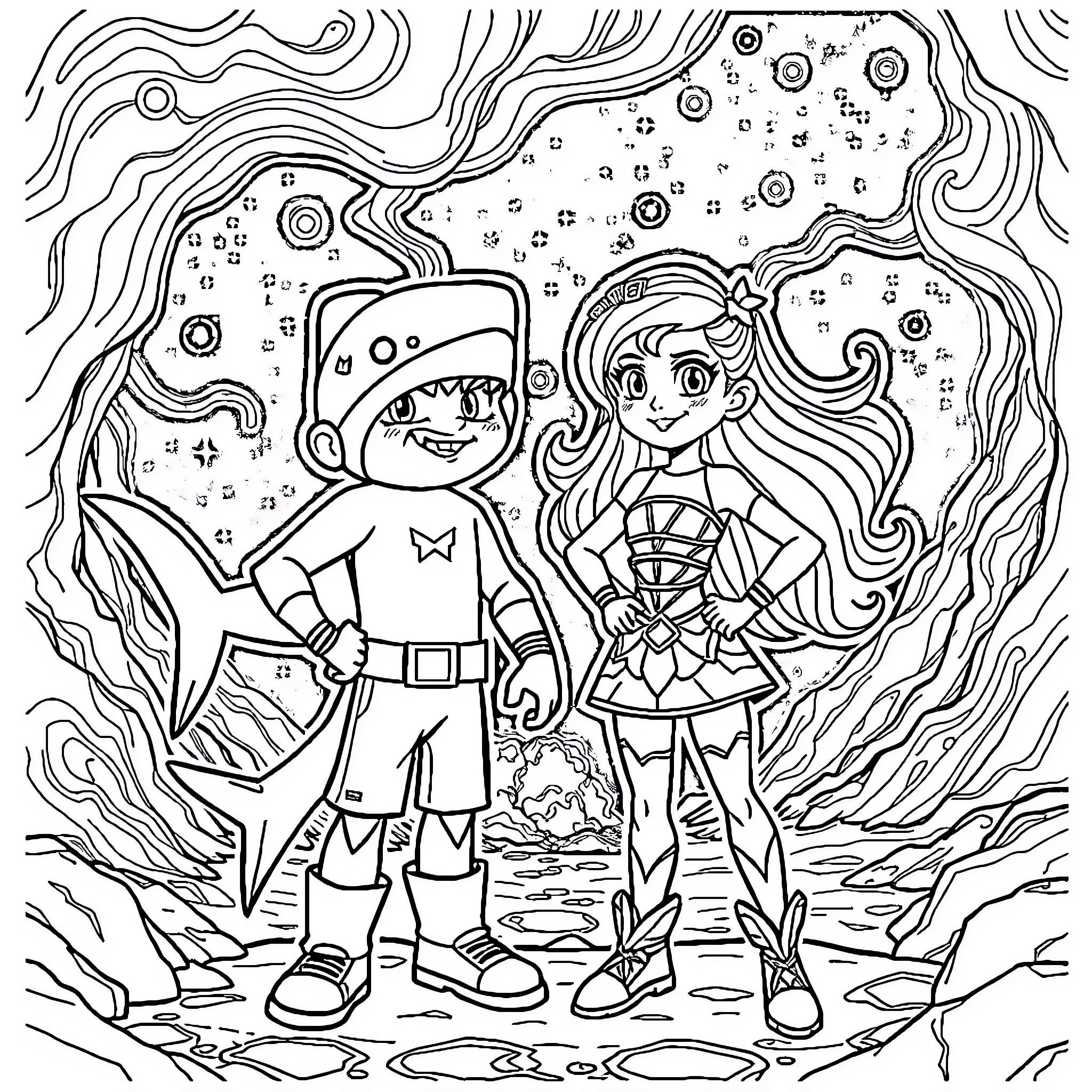 Shark Boy and Fairy Girl Exploring Underwater Wonderland Coloring Page (free black-and-white line drawing printable PDF for all, from beginners to advanced learners, including children, teens, adults, and seniors)