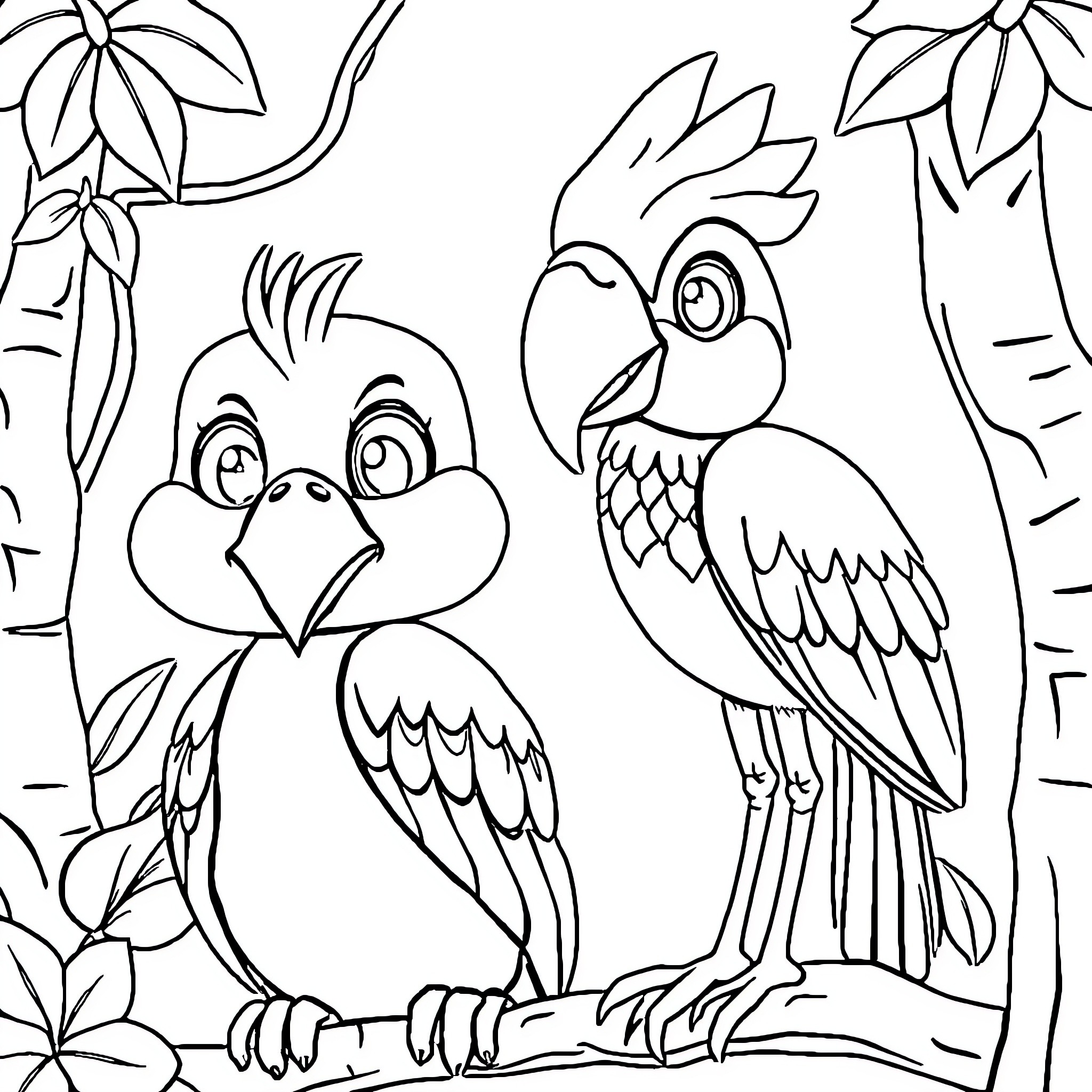 Animal friends in the tropical forest Coloring Page (free black-and-white line drawing printable PDF for all, from beginners to advanced learners, including children, teens, adults, and seniors)