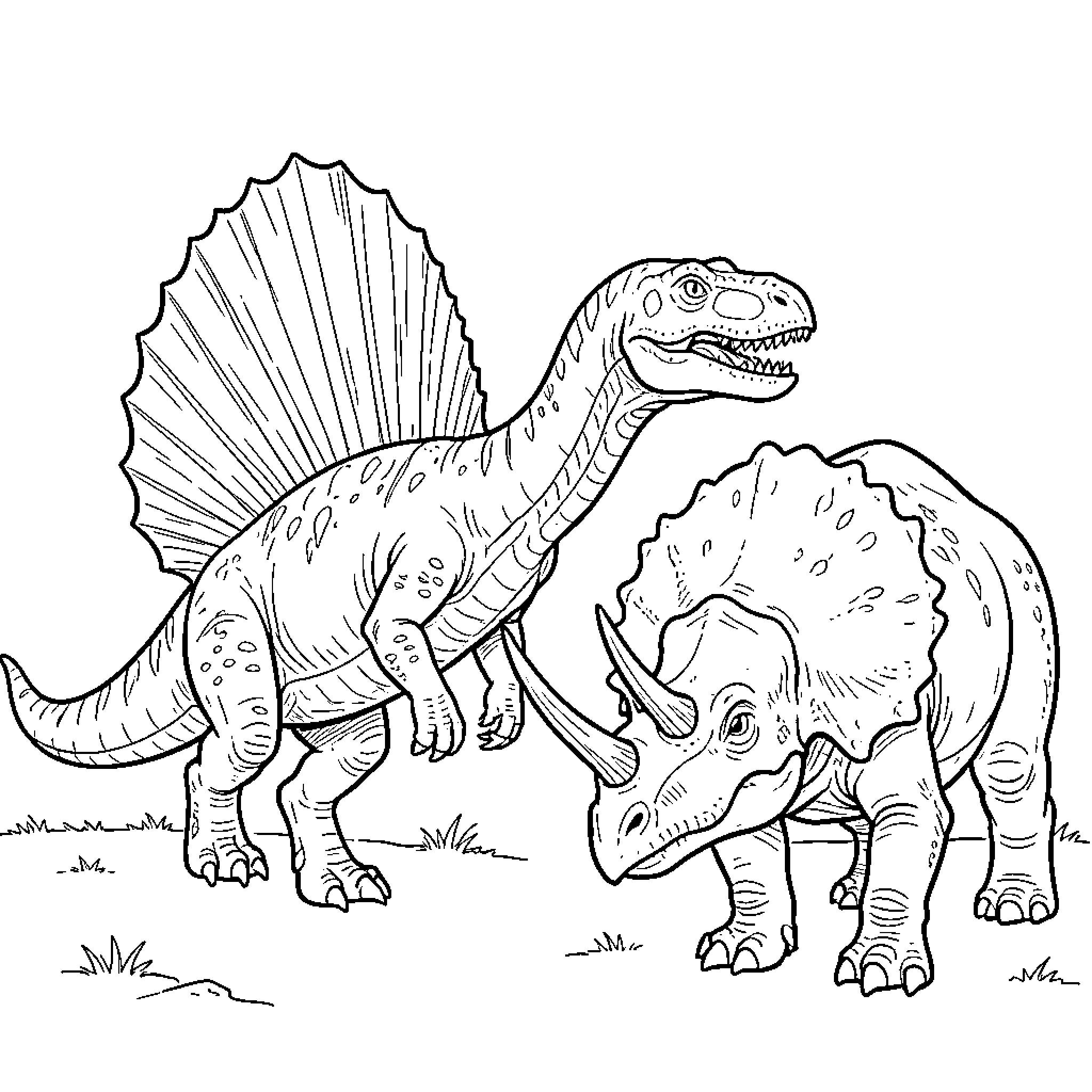 Dinosaurs engaged in playful interaction Coloring Page (free black-and-white line drawing printable PDF for all, from beginners to advanced learners, including children, teens, adults, and seniors)