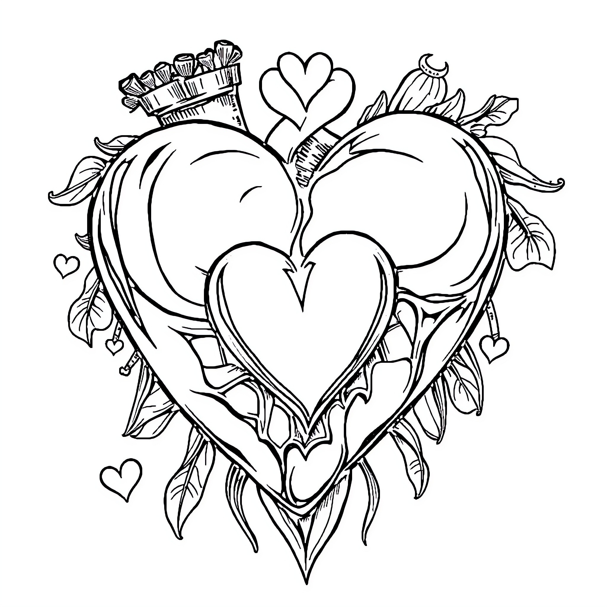 Heart-shaped illustration with floral elements Coloring Page (free black-and-white line drawing printable PDF for all, from beginners to advanced learners, including children, teens, adults, and seniors)