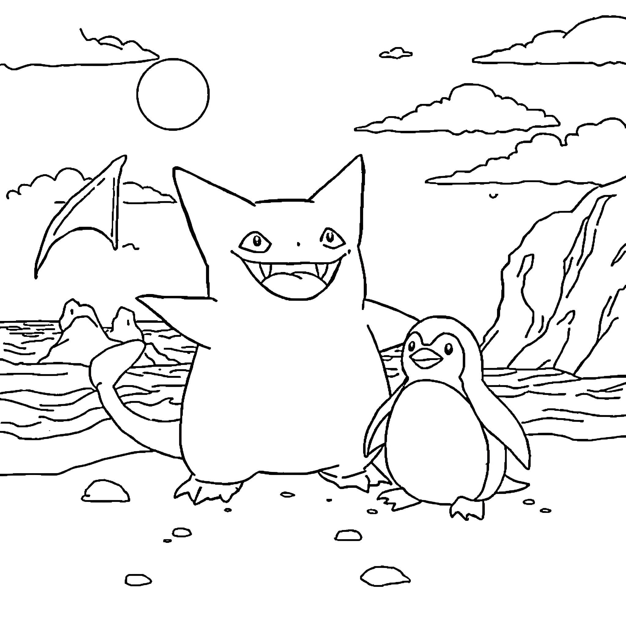 Gengar and Penguin in Icy Landscape Coloring Page (free black-and-white line drawing printable PDF for all, from beginners to advanced learners, including children, teens, adults, and seniors)