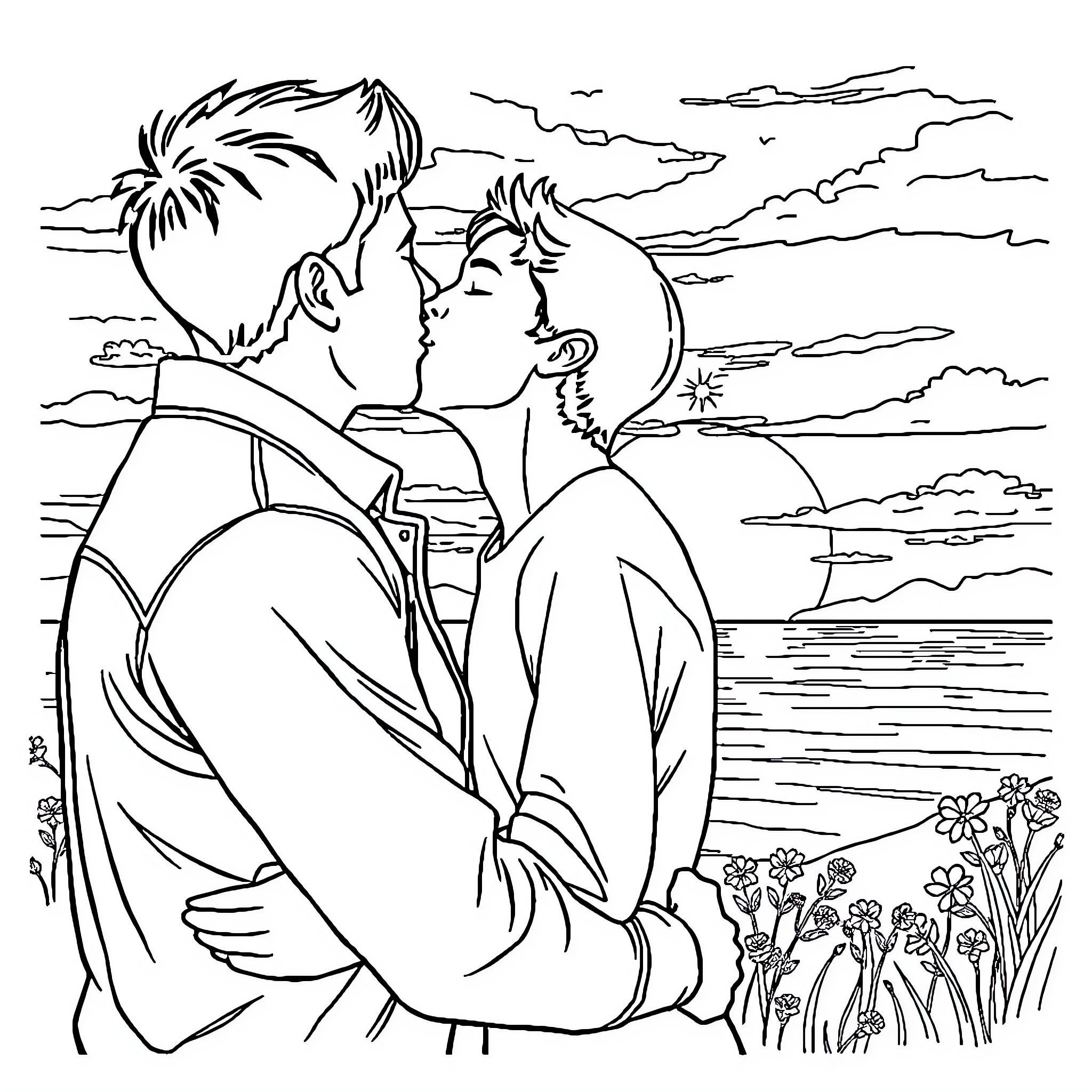 Kiss by the Sunset Beach Coloring Page (free black-and-white line drawing printable PDF for all, from beginners to advanced learners, including children, teens, adults, and seniors)