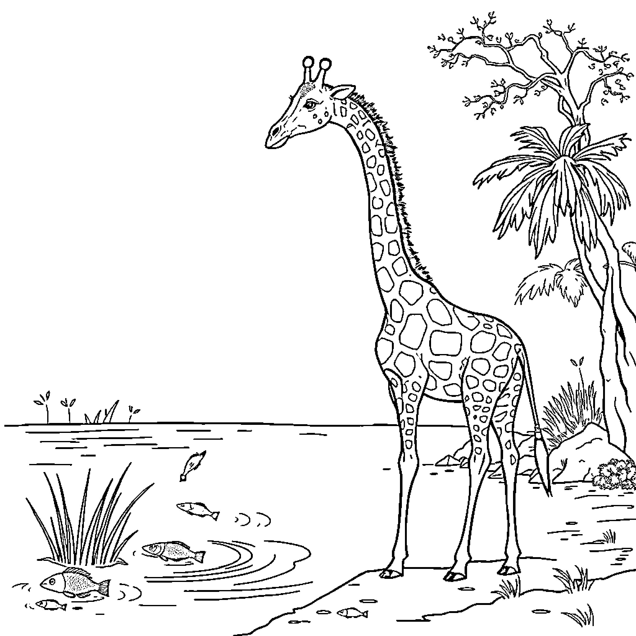 Giraffe standing in the wild with lush vegetation Coloring Page (free black-and-white line drawing printable PDF for all, from beginners to advanced learners, including children, teens, adults, and seniors)