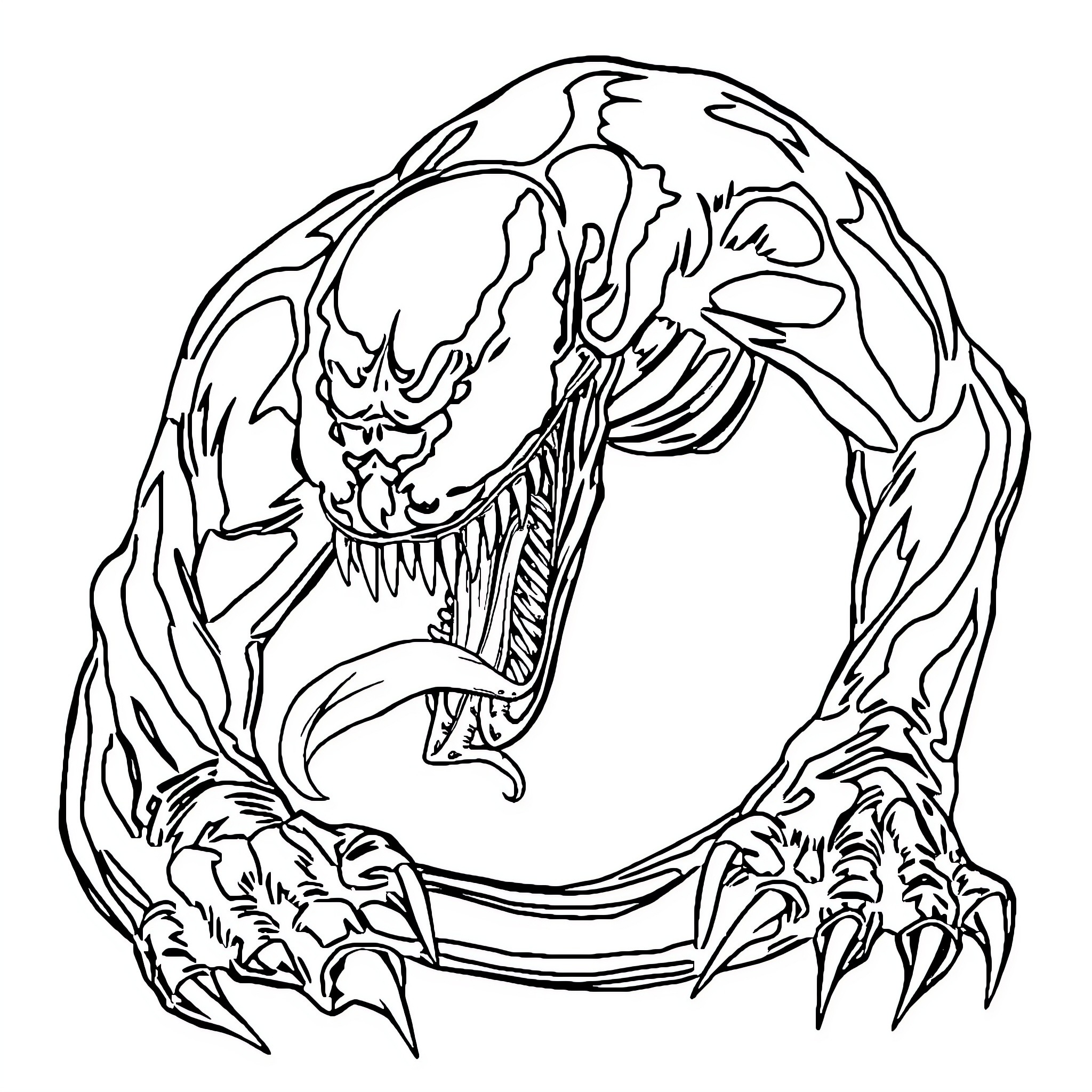 Venom Stalking Menacingly with Fierce Claws Coloring Page (free black-and-white line drawing printable PDF for all, from beginners to advanced learners, including children, teens, adults, and seniors)