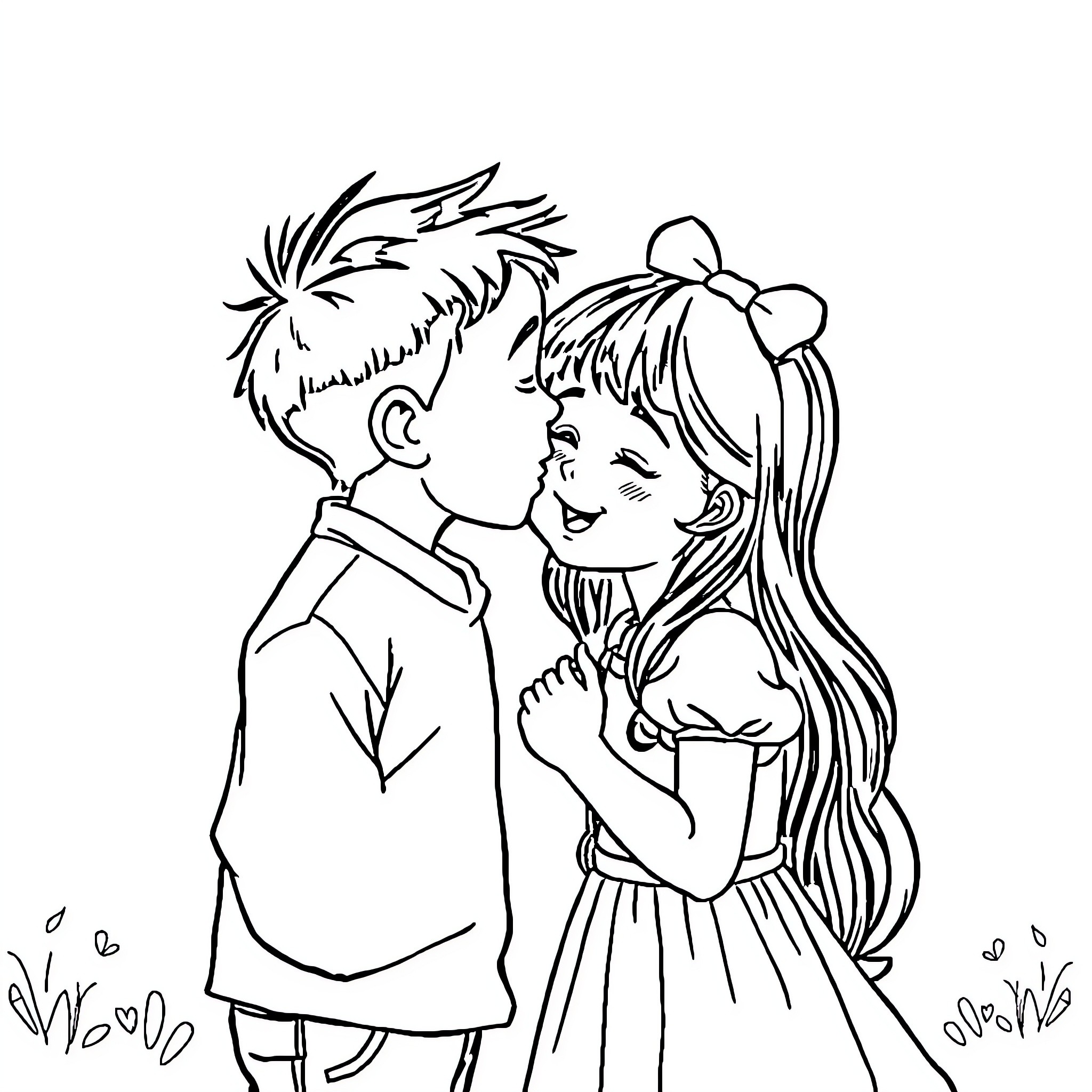 Boy and girl embracing affectionately in the park Coloring Page (free black-and-white line drawing printable PDF for all, from beginners to advanced learners, including children, teens, adults, and seniors)
