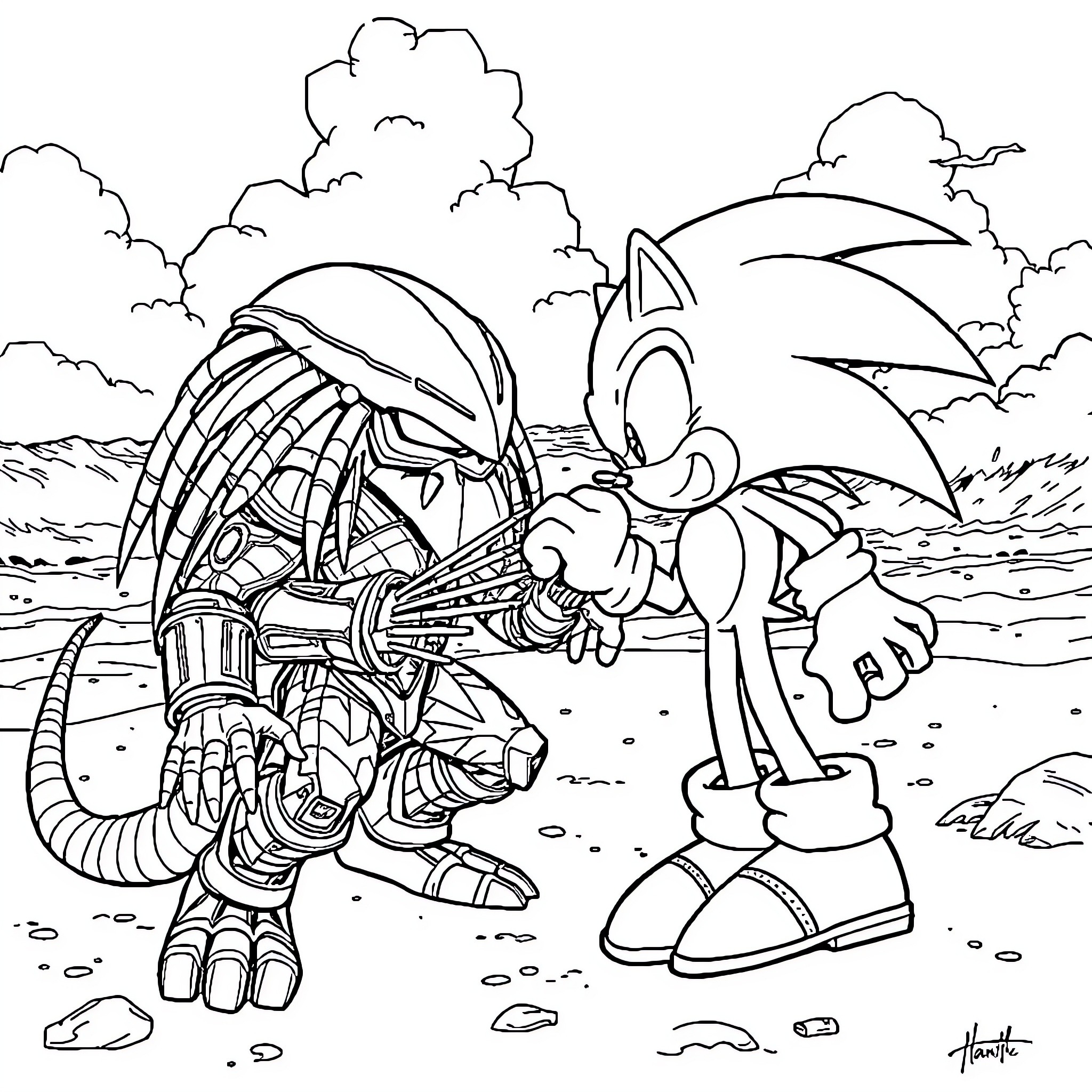Predator Sonic battles alien-like creature in desert landscape Coloring Page (free black-and-white line drawing printable PDF for all, from beginners to advanced learners, including children, teens, adults, and seniors)