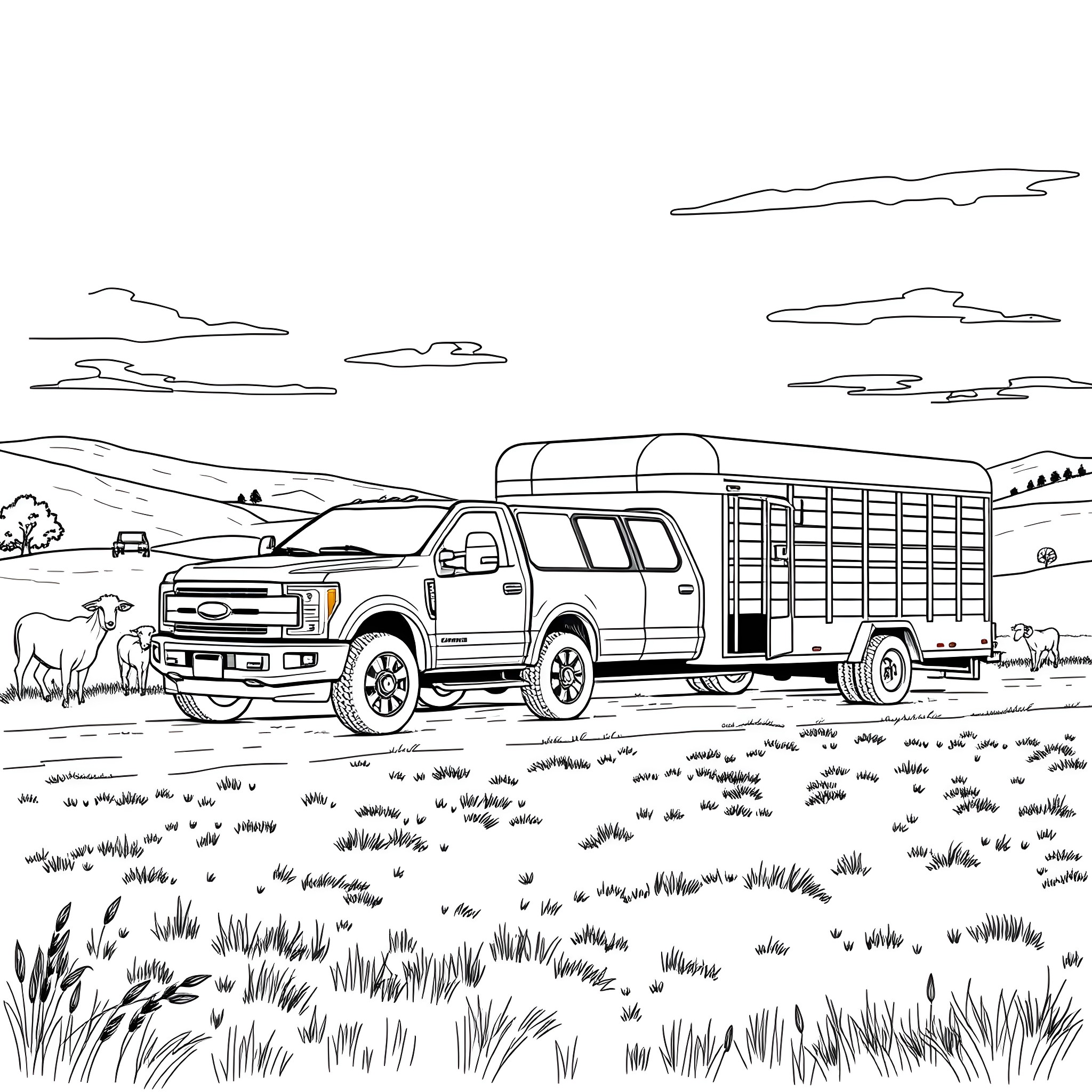 Pickup Truck Transporting Livestock in Rural Landscape Coloring Page (free black-and-white line drawing printable PDF for all, from beginners to advanced learners, including children, teens, adults, and seniors)