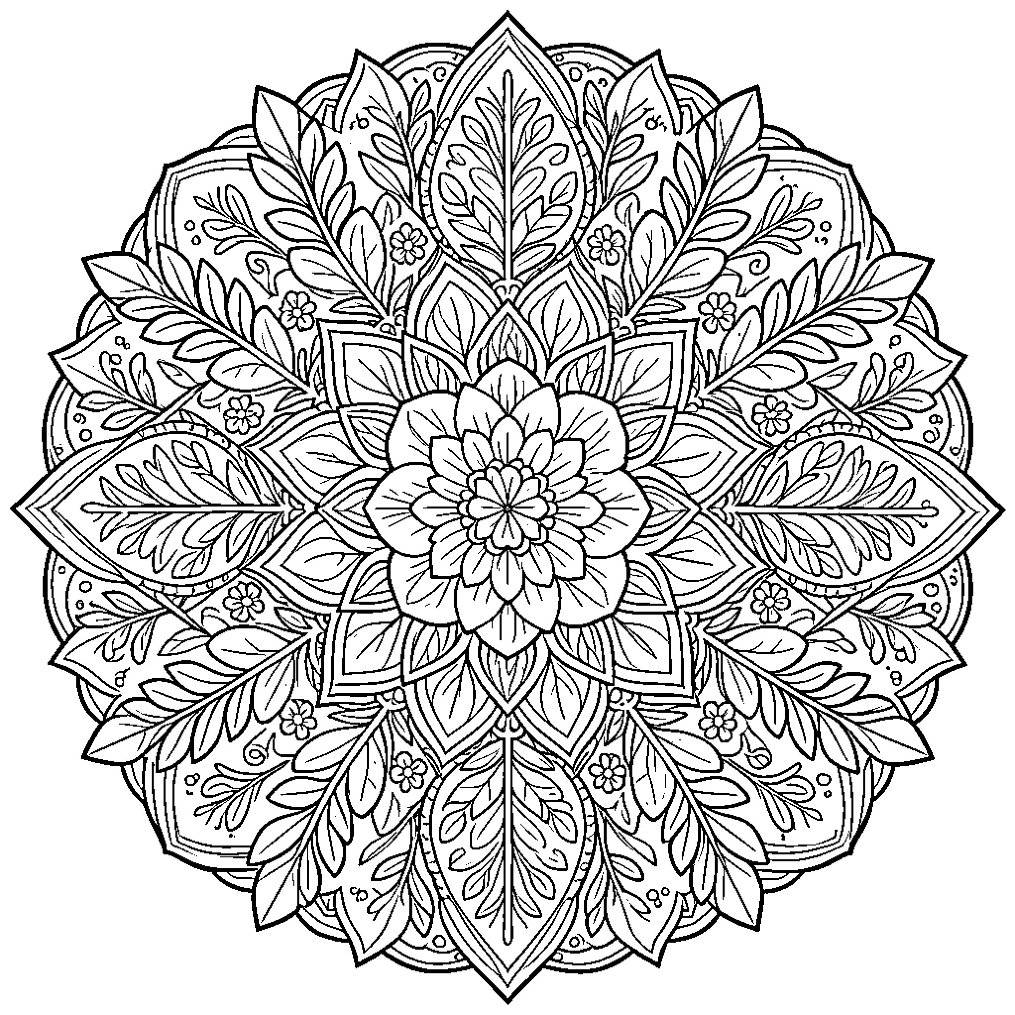 Mandala of intricate floral patterns and symmetry Coloring Page (free black-and-white line drawing printable PDF for all, from beginners to advanced learners, including children, teens, adults, and seniors)
