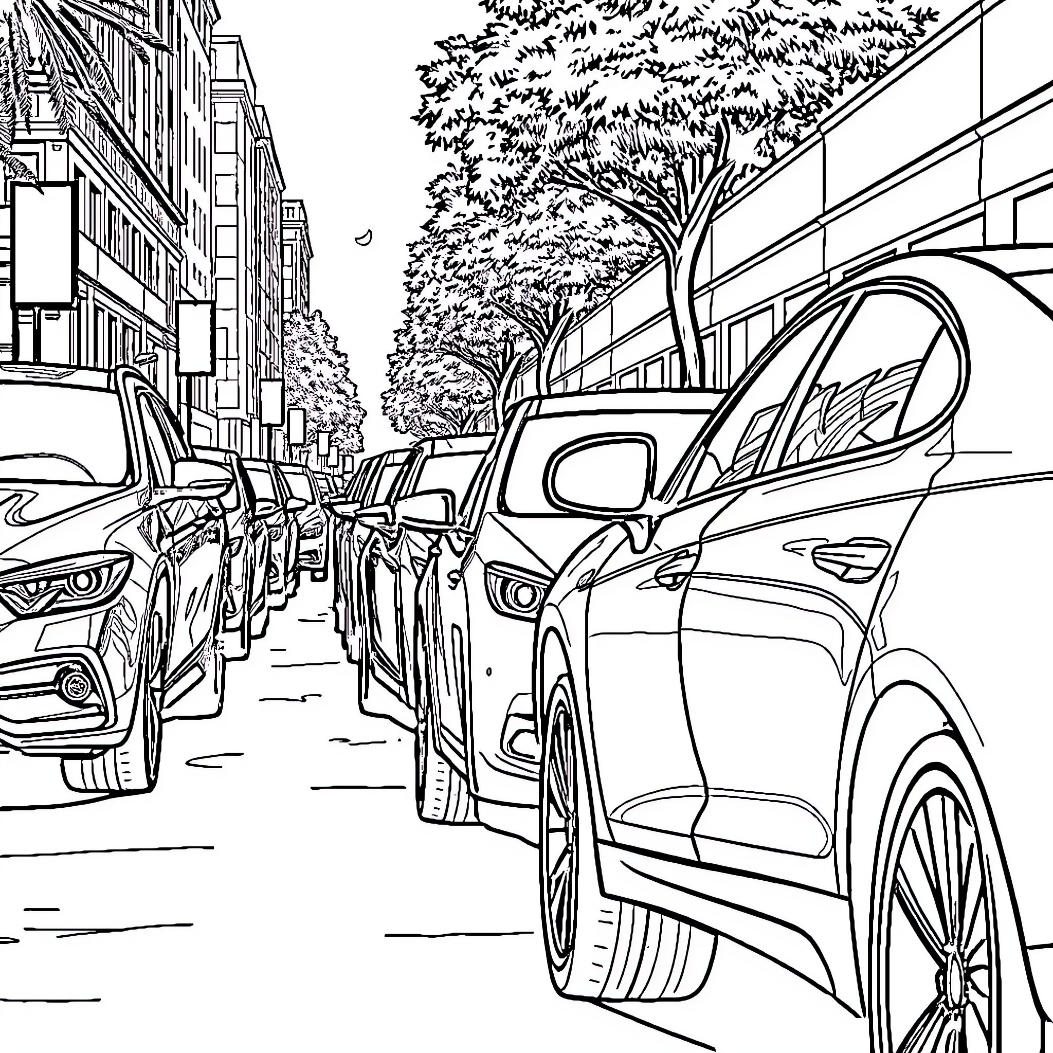 Car traffic on a crowded city street Coloring Page (free black-and-white line drawing printable PDF for all, from beginners to advanced learners, including children, teens, adults, and seniors)