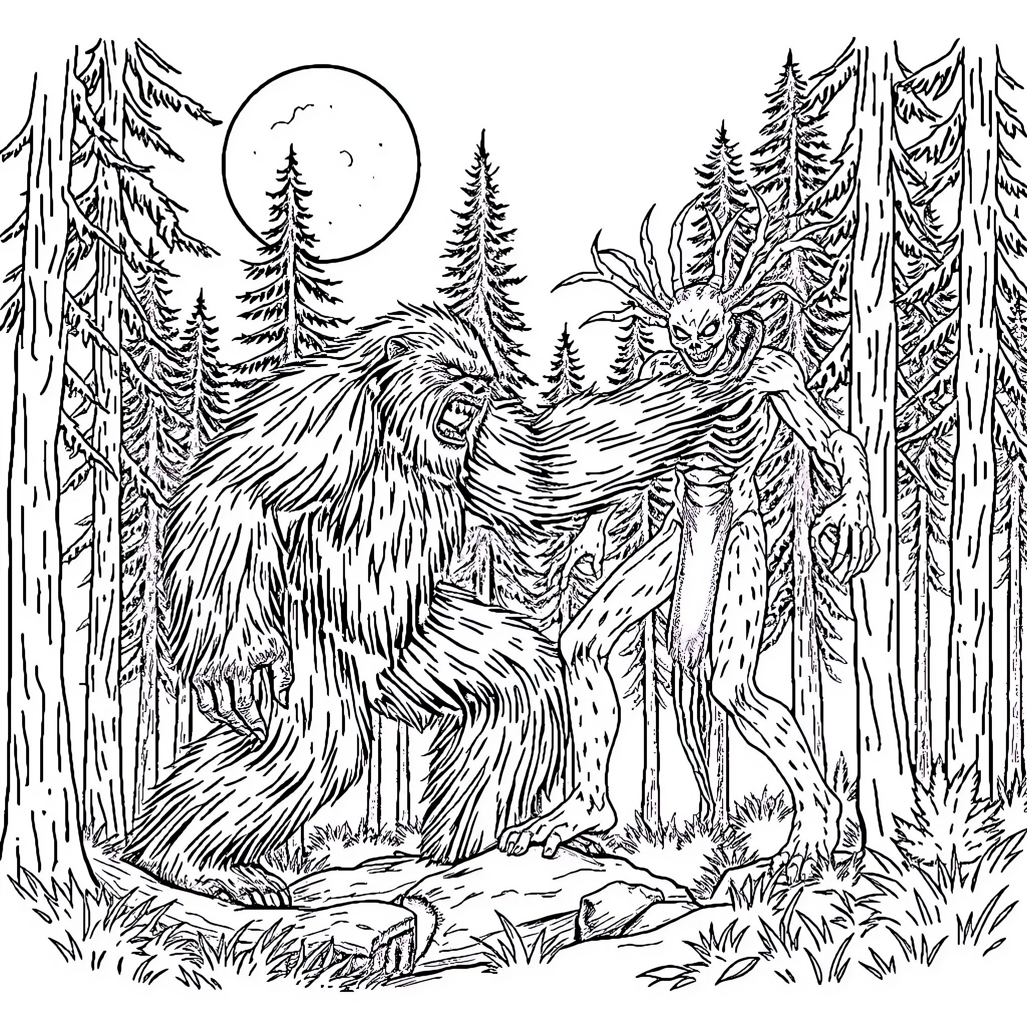 Bigfoot exploring the mysterious forest at night Coloring Page (free black-and-white line drawing printable PDF for all, from beginners to advanced learners, including children, teens, adults, and seniors)