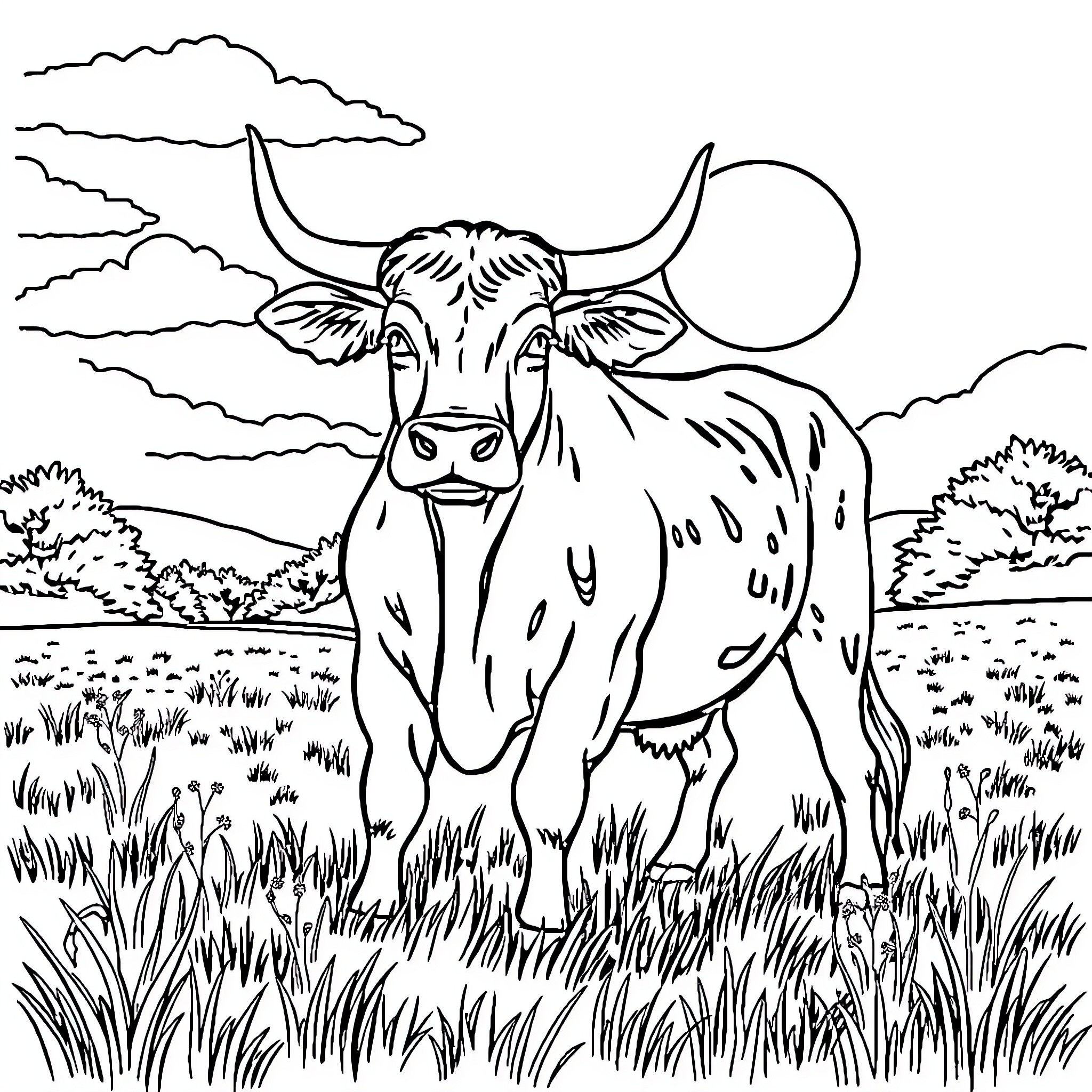 Bull standing in a field under the moon Coloring Page (free black-and-white line drawing printable PDF for all, from beginners to advanced learners, including children, teens, adults, and seniors)