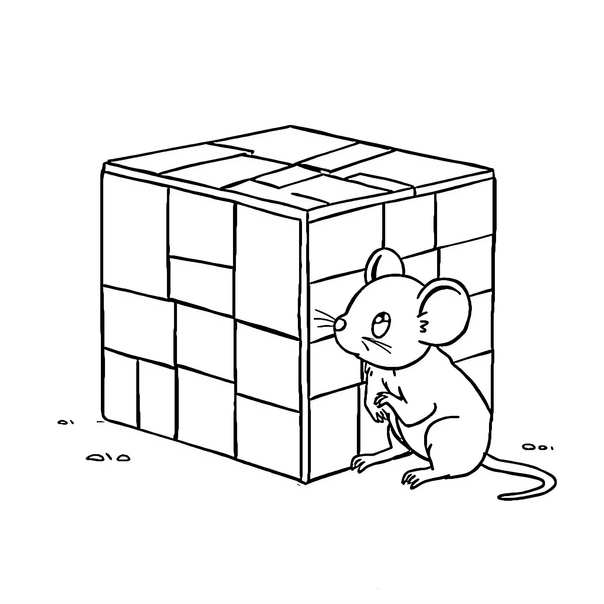 Mouse exploring a geometric cube structure Coloring Page (free black-and-white line drawing printable PDF for all, from beginners to advanced learners, including children, teens, adults, and seniors)