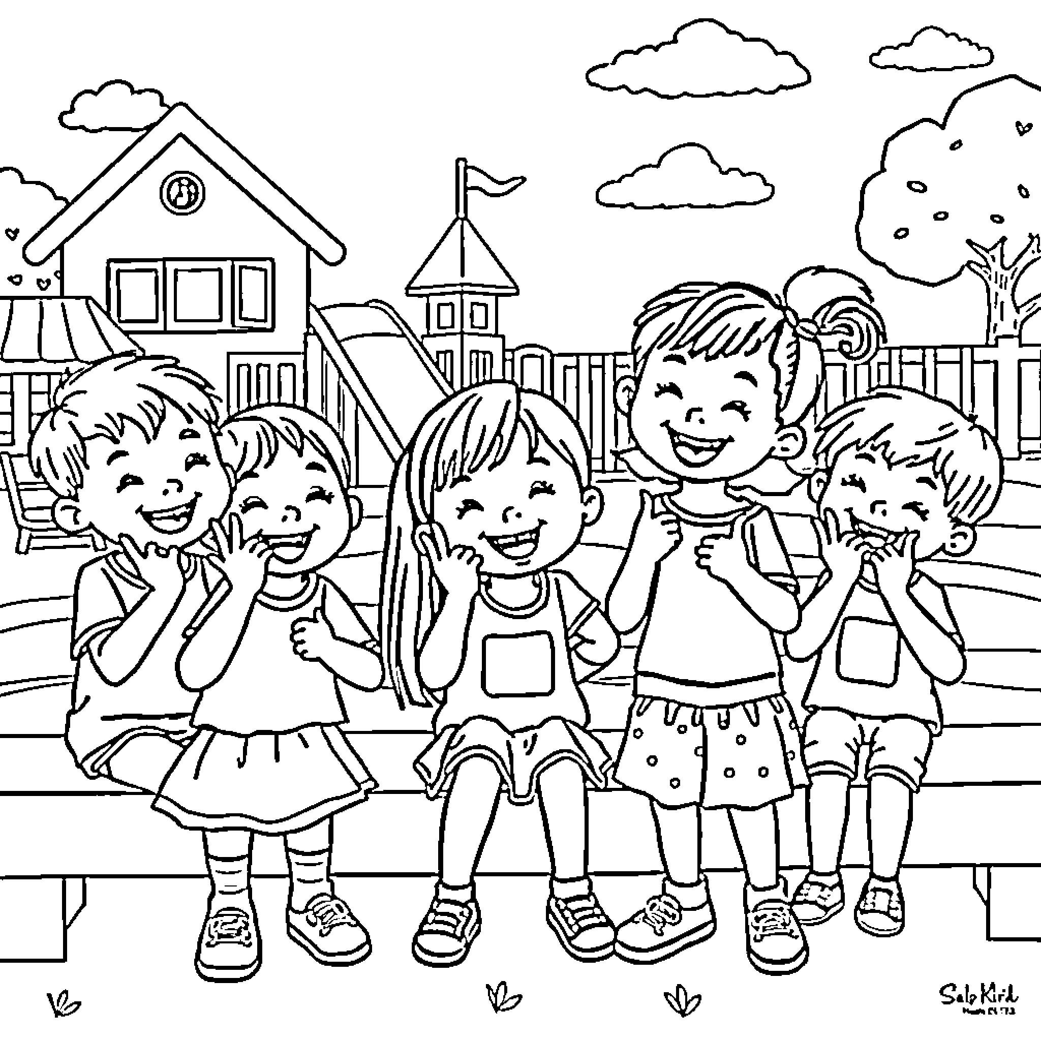 Children playing happily in the neighborhood Coloring Page (free black-and-white line drawing printable PDF for all, from beginners to advanced learners, including children, teens, adults, and seniors)