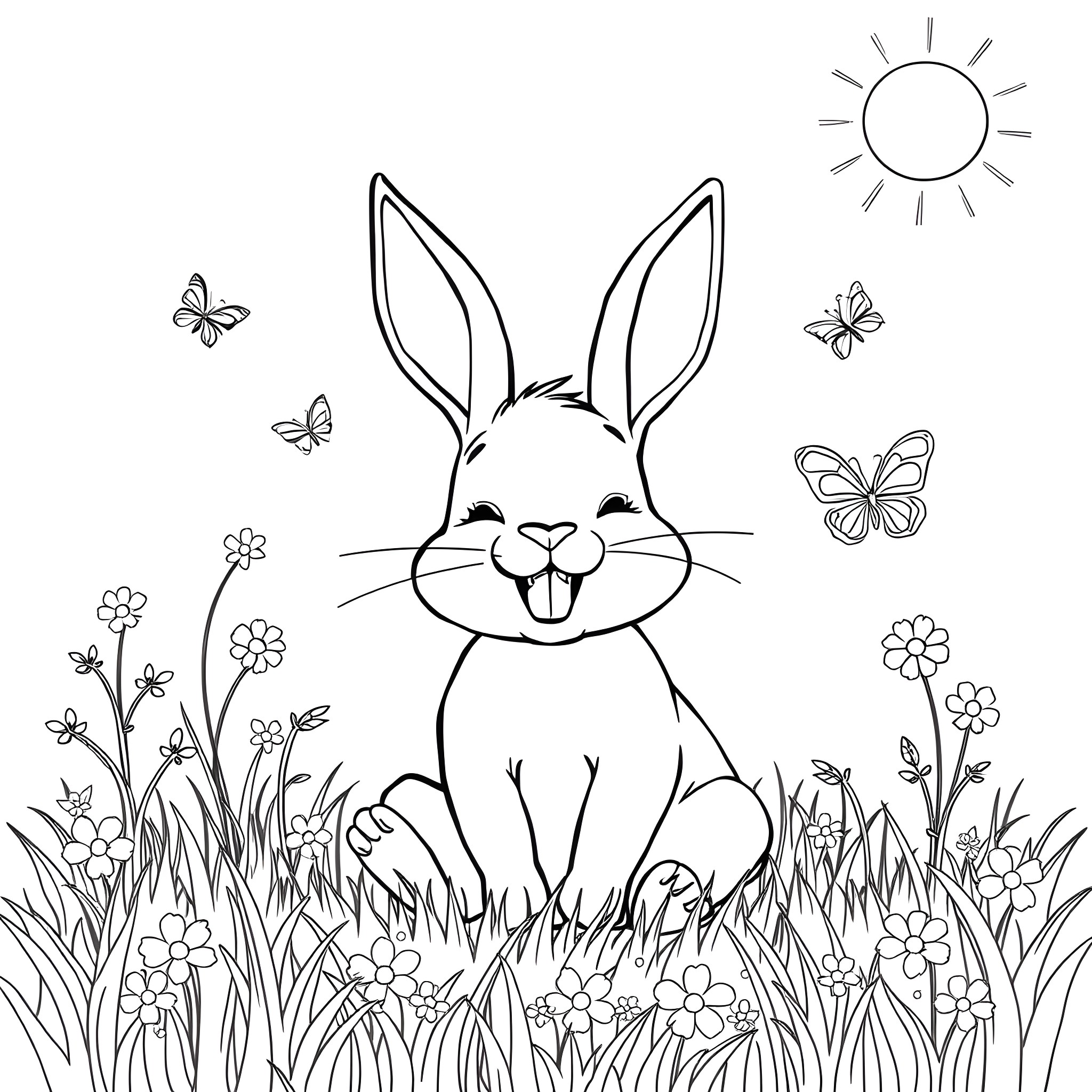 Bunny playing happily in a flower garden Coloring Page (free black-and-white line drawing printable PDF for all, from beginners to advanced learners, including children, teens, adults, and seniors)