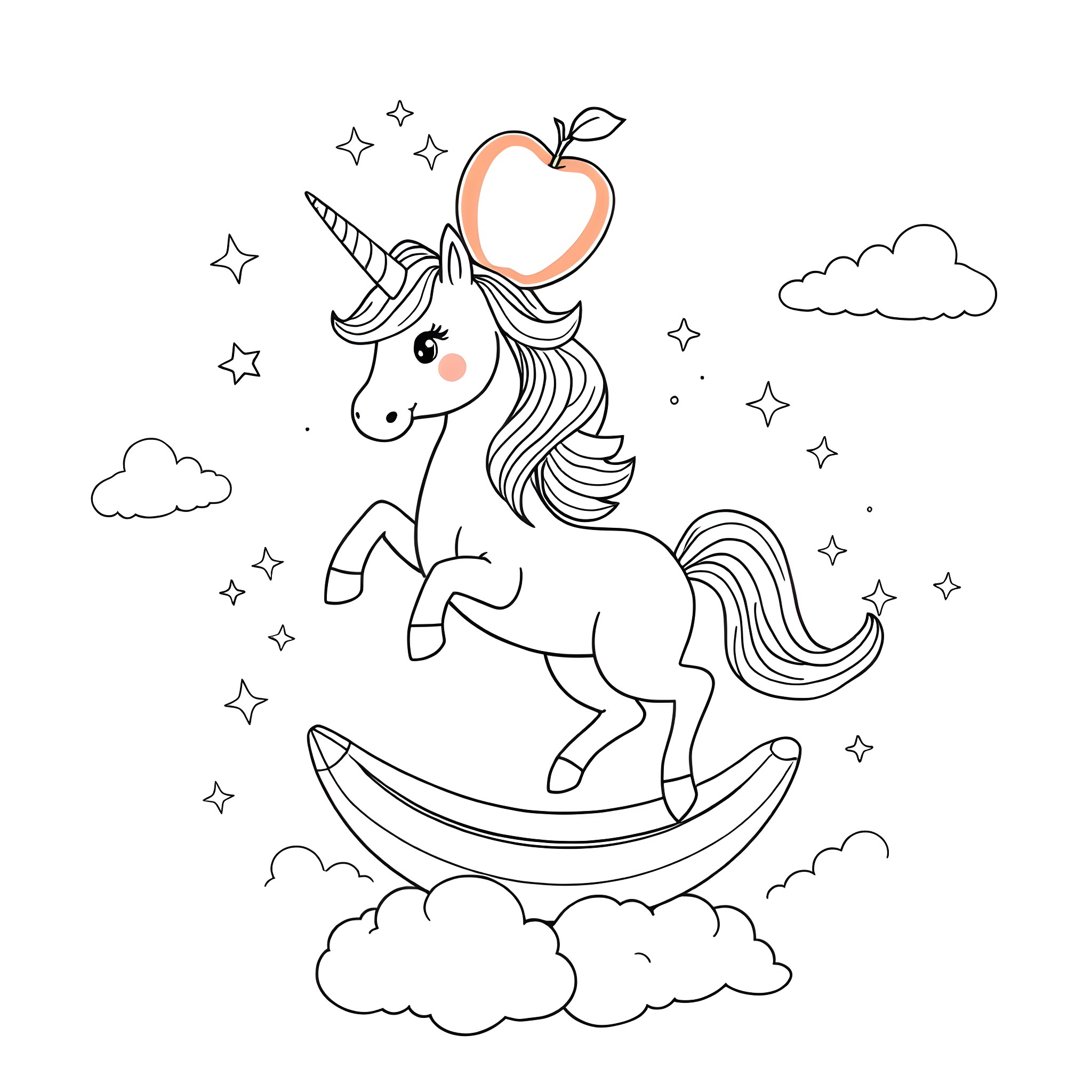 Unicorn rocking on a cloud with a heart-shaped apple Coloring Page (free black-and-white line drawing printable PDF for all, from beginners to advanced learners, including children, teens, adults, and seniors)