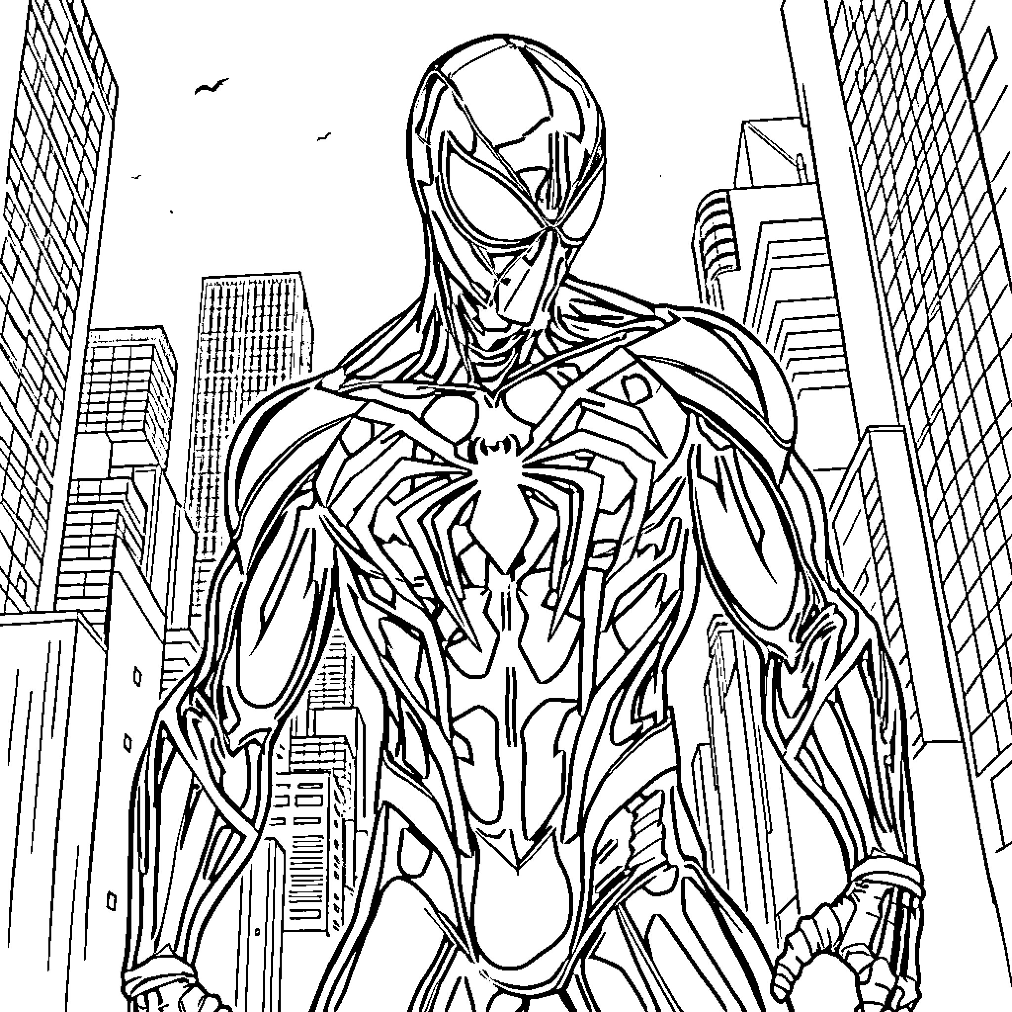 Spiderman in Heroic Pose Amid City Skyline Coloring Page (free black-and-white line drawing printable PDF for all, from beginners to advanced learners, including children, teens, adults, and seniors)