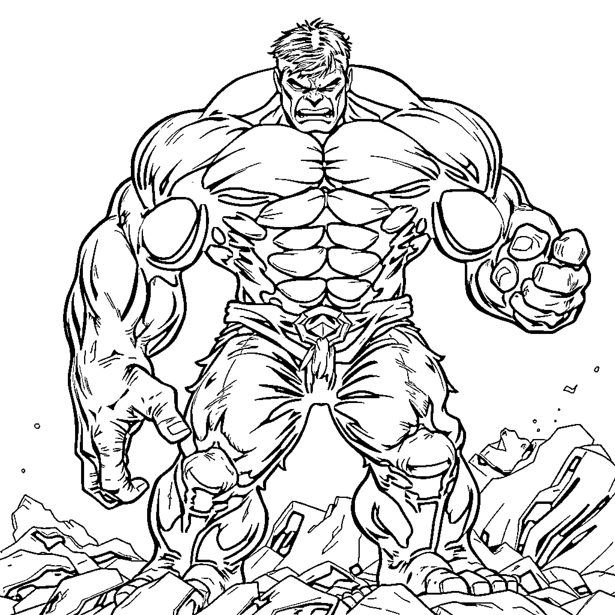 Hulk smashing through the ground in an intense pose Coloring Page (free black-and-white line drawing printable PDF for all, from beginners to advanced learners, including children, teens, adults, and seniors)