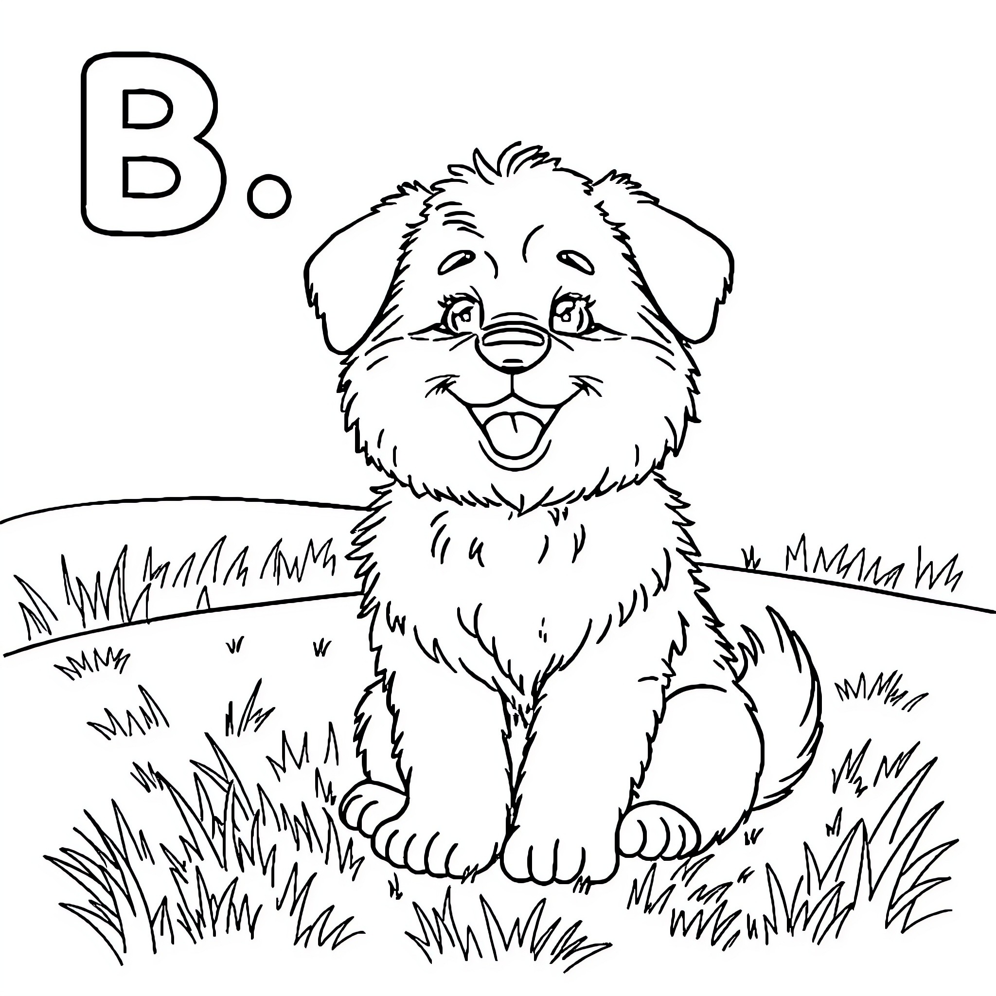 Dog sitting happily in the grass Coloring Page (free black-and-white line drawing printable PDF for all, from beginners to advanced learners, including children, teens, adults, and seniors)