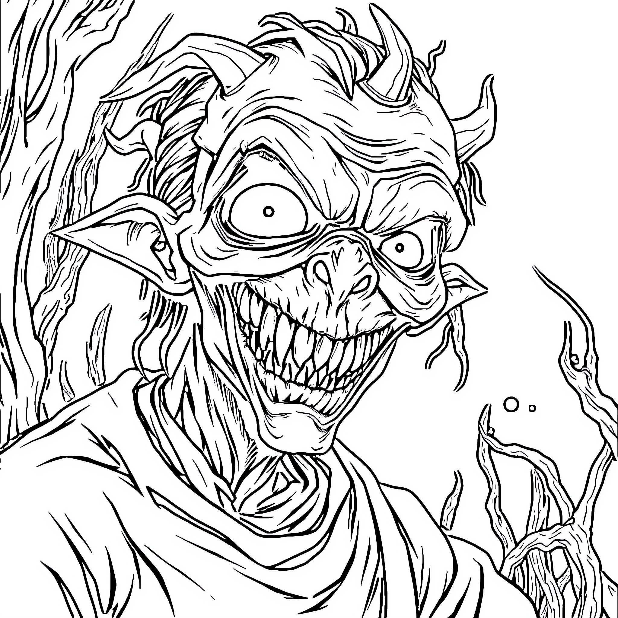 Horror Character with Creepy Grinning Expression Coloring Page (free black-and-white line drawing printable PDF for all, from beginners to advanced learners, including children, teens, adults, and seniors)