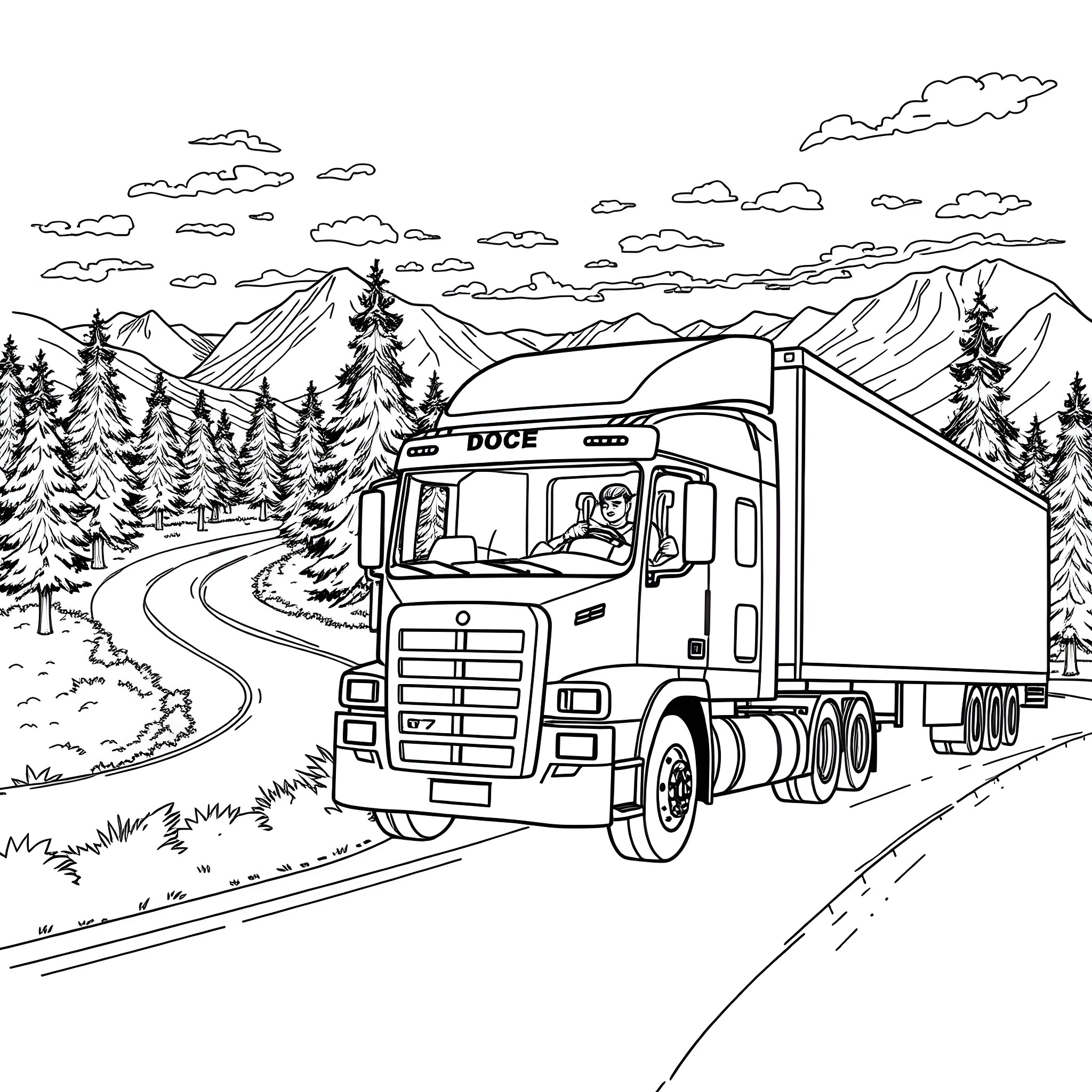 Lorry driving through scenic mountain landscape Coloring Page (free black-and-white line drawing printable PDF for all, from beginners to advanced learners, including children, teens, adults, and seniors)