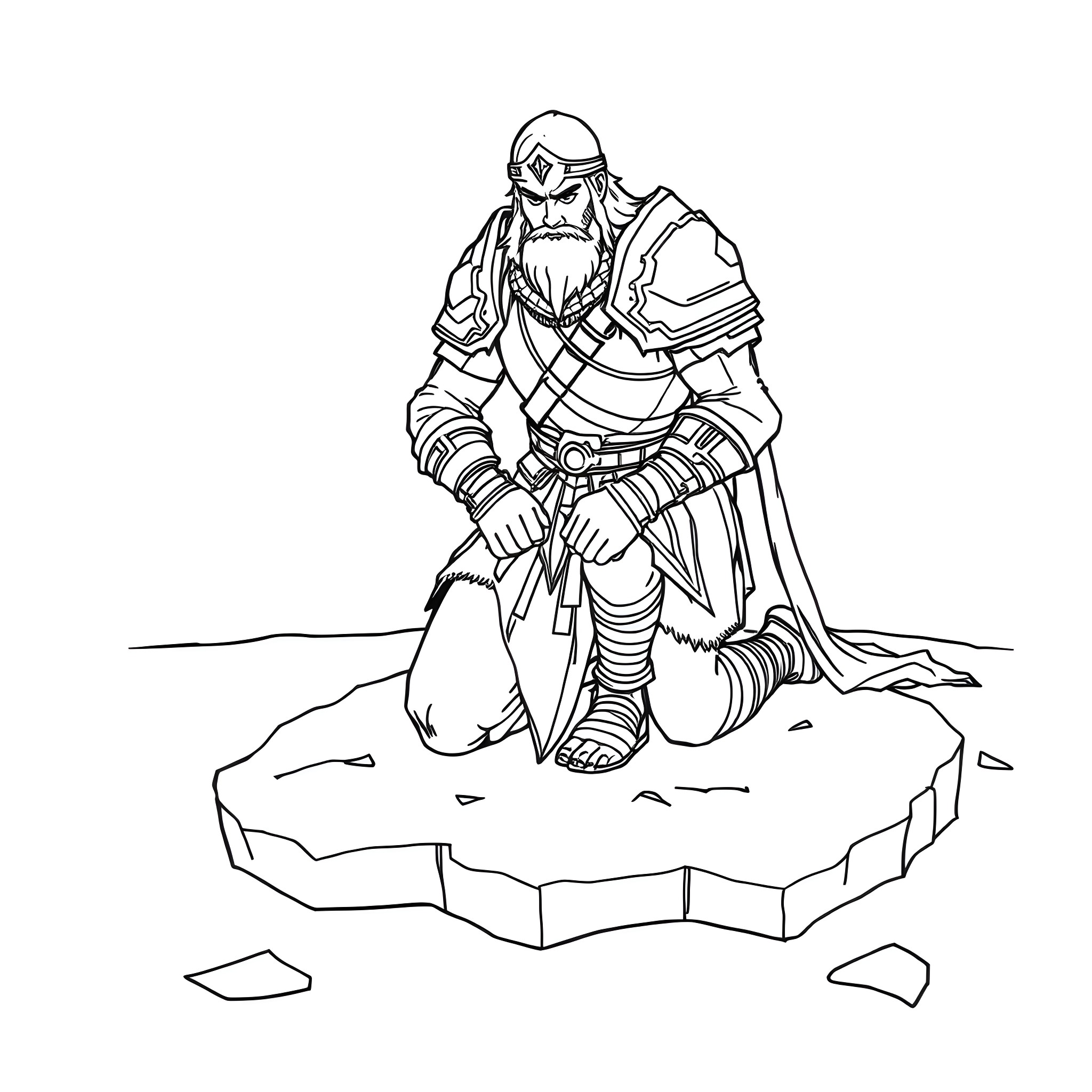 Illyrian Warrior Kneeling in Defeat on Broken Battlefield Coloring Page (free black-and-white line drawing printable PDF for all, from beginners to advanced learners, including children, teens, adults, and seniors)