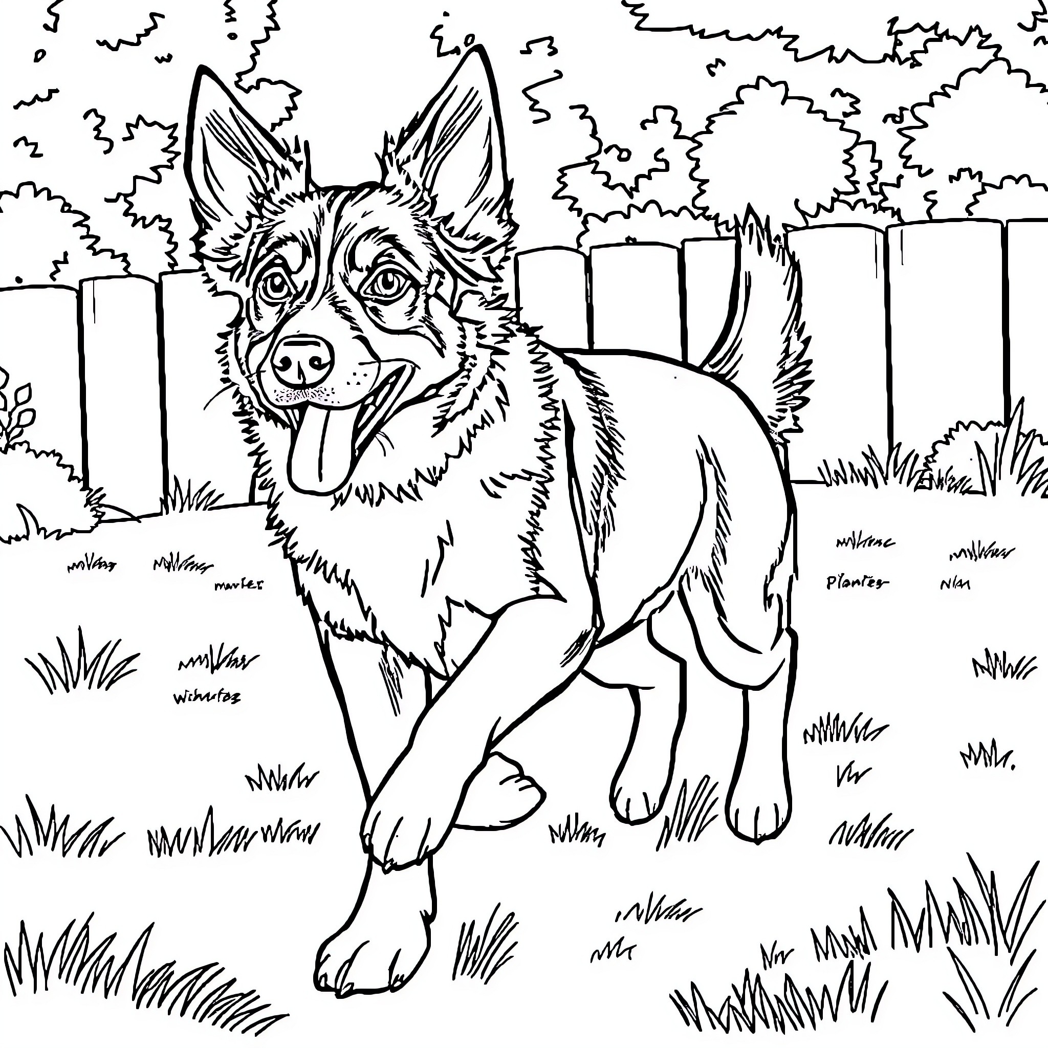Heeler dog happily exploring the backyard Coloring Page (free black-and-white line drawing printable PDF for all, from beginners to advanced learners, including children, teens, adults, and seniors)