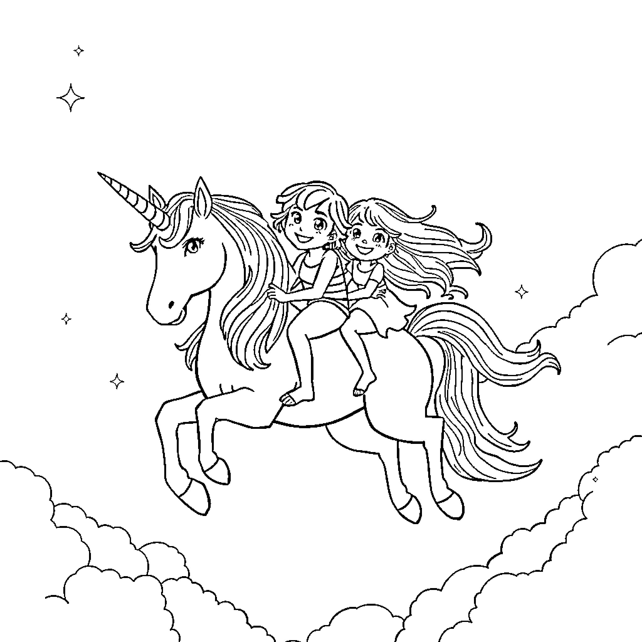 Unicorn carrying children through the clouds Coloring Page (free black-and-white line drawing printable PDF for all, from beginners to advanced learners, including children, teens, adults, and seniors)