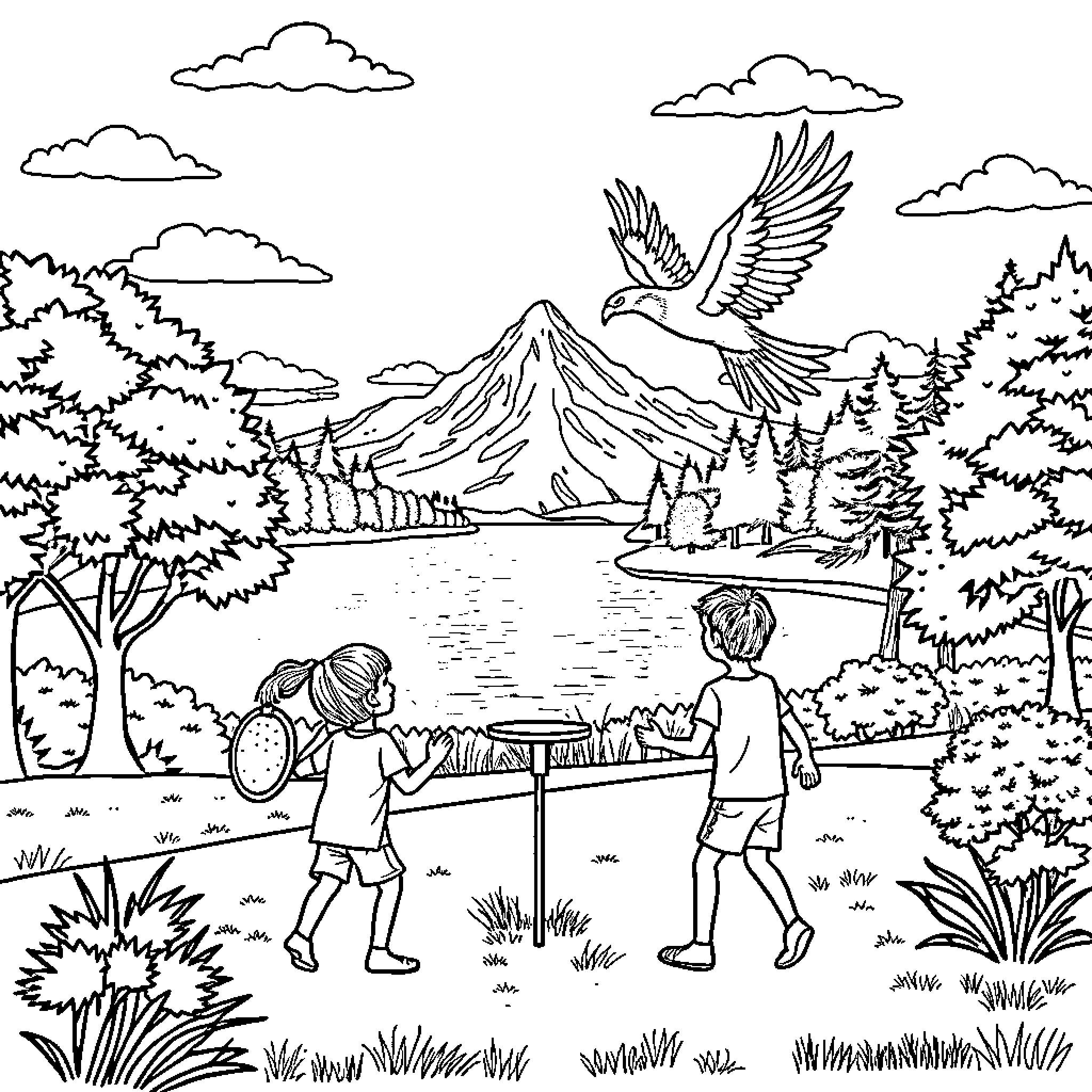 Kid Exploring Scenic Mountain Landscape with Friend Coloring Page (free black-and-white line drawing printable PDF for all, from beginners to advanced learners, including children, teens, adults, and seniors)