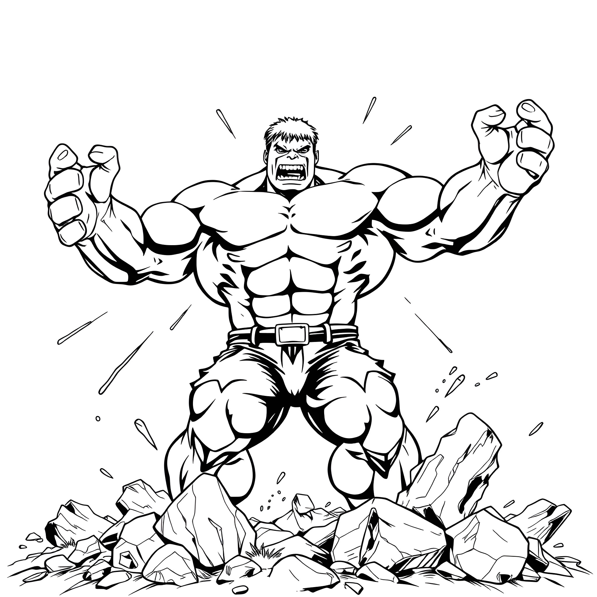 Hulk bursting through the ground with mighty force Coloring Page (free black-and-white line drawing printable PDF for all, from beginners to advanced learners, including children, teens, adults, and seniors)