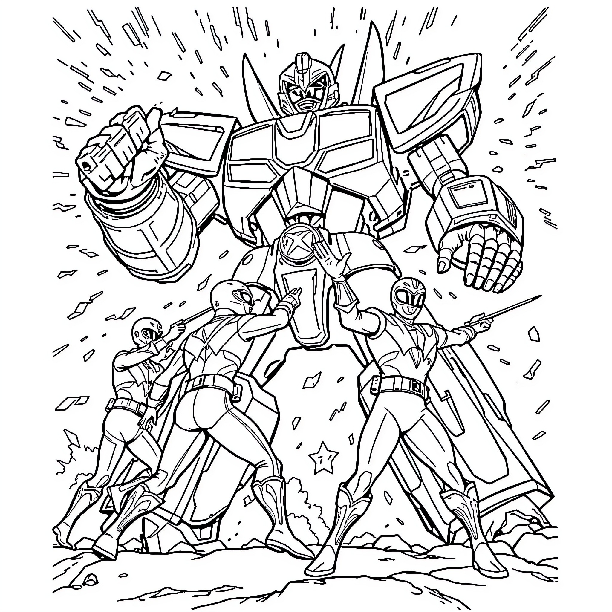 Power Ranger Mech Warrior Heroic Showdown Coloring Page (free black-and-white line drawing printable PDF for all, from beginners to advanced learners, including children, teens, adults, and seniors)