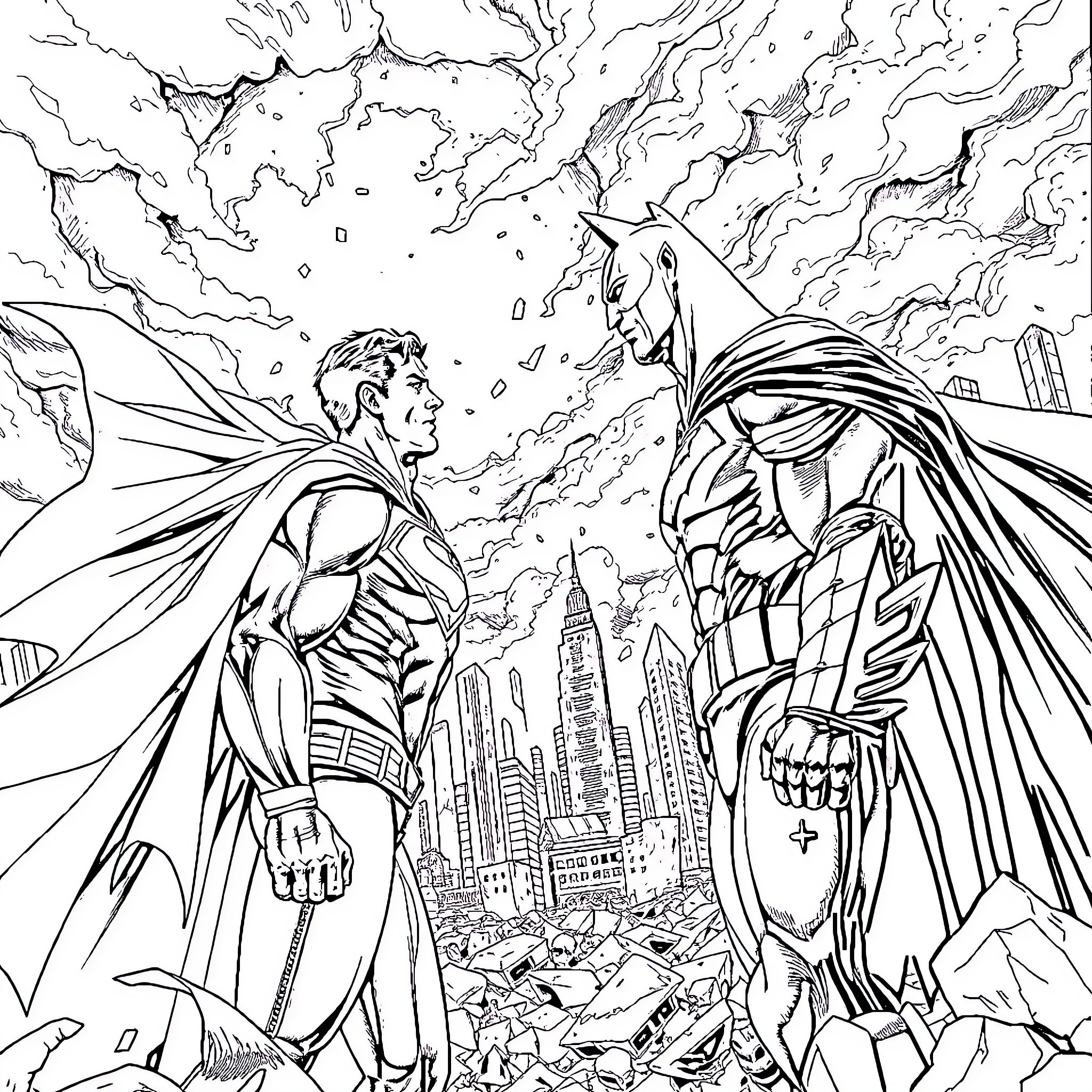 Superman and Batman facing off in a dramatic cityscape Coloring Page (free black-and-white line drawing printable PDF for all, from beginners to advanced learners, including children, teens, adults, and seniors)