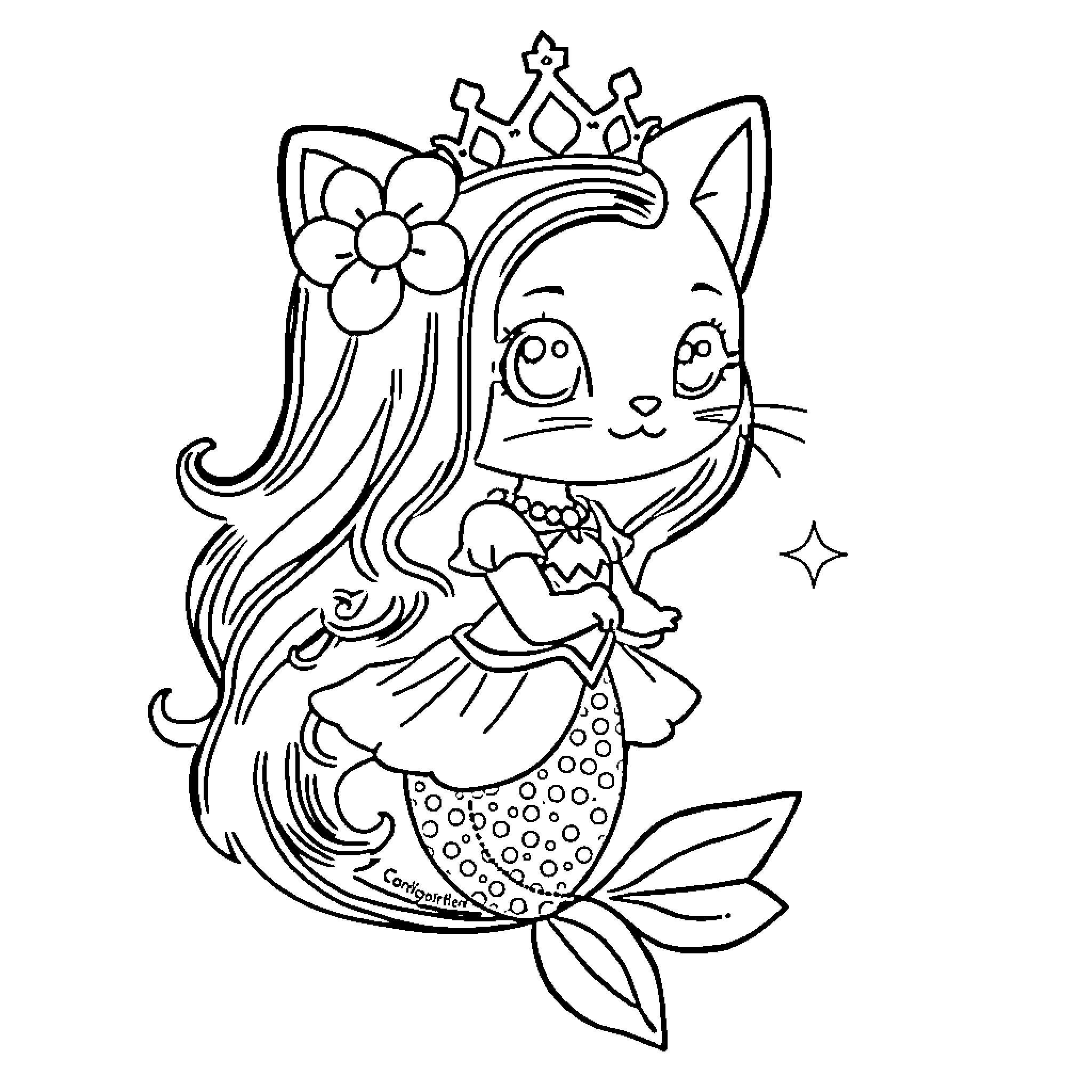 Kitty mermaid princess with crown and flower Coloring Page (free black-and-white line drawing printable PDF for all, from beginners to advanced learners, including children, teens, adults, and seniors)