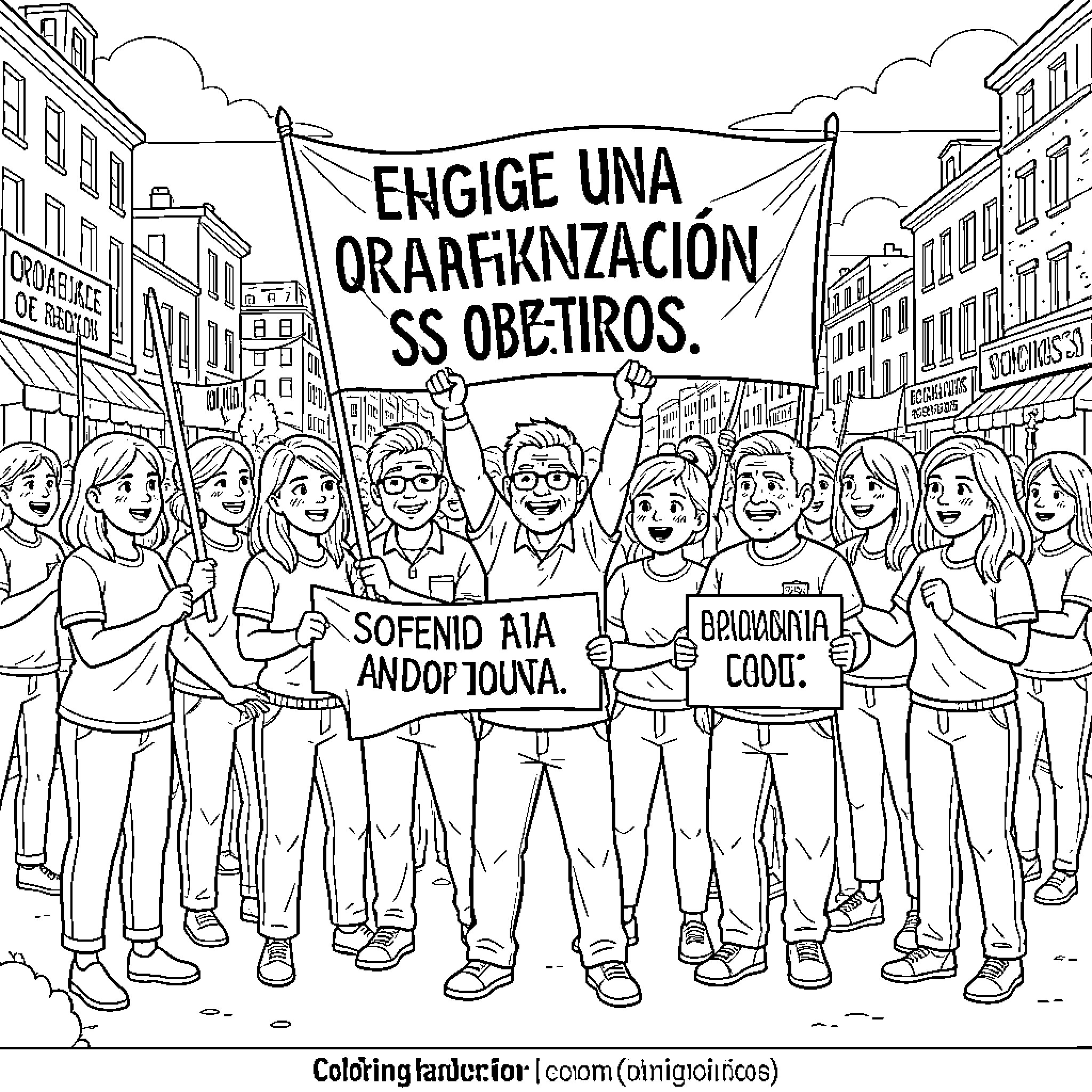 Organization of people holding banners and celebrating together Coloring Page (free black-and-white line drawing printable PDF for all, from beginners to advanced learners, including children, teens, adults, and seniors)