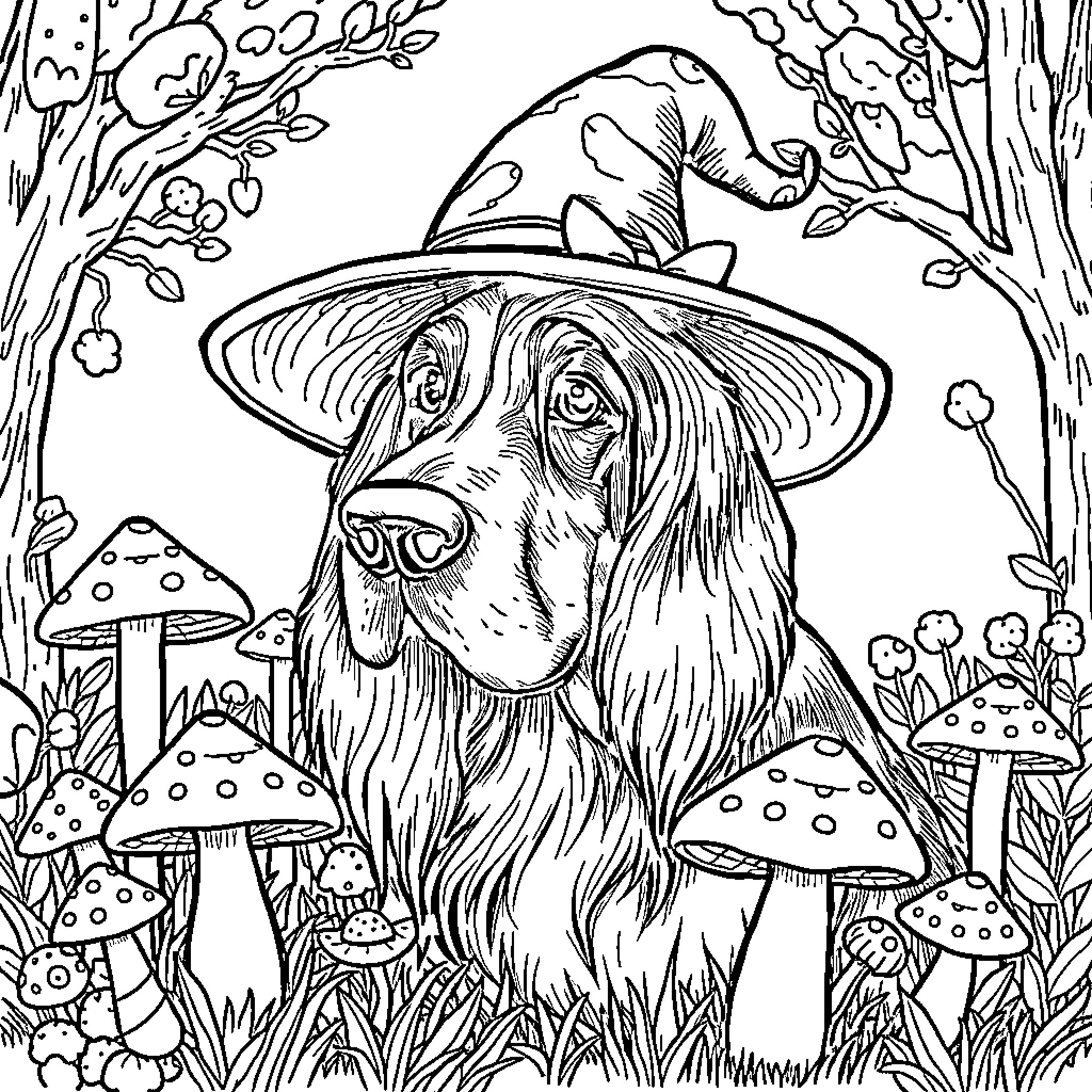 Bloodhound sniffing in the enchanted forest Coloring Page (free black-and-white line drawing printable PDF for all, from beginners to advanced learners, including children, teens, adults, and seniors)