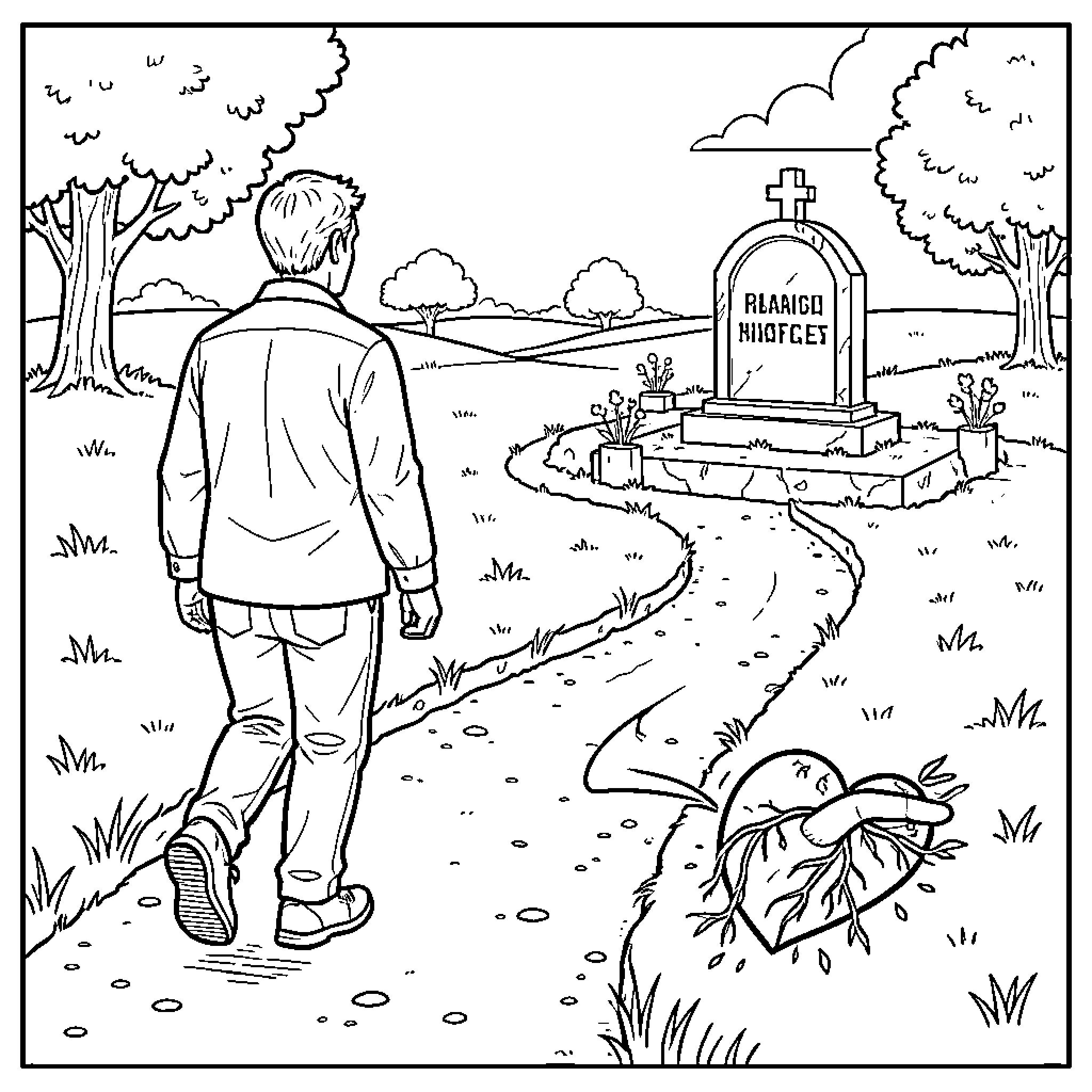 Homme walking along a path toward a gravestone Coloring Page (free black-and-white line drawing printable PDF for all, from beginners to advanced learners, including children, teens, adults, and seniors)