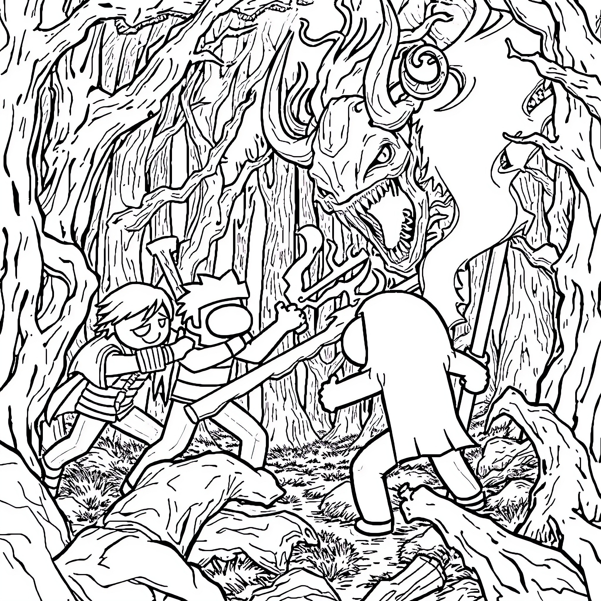 Siren Head Confronting Frightened Children in the Forest Coloring Page (free black-and-white line drawing printable PDF for all, from beginners to advanced learners, including children, teens, adults, and seniors)