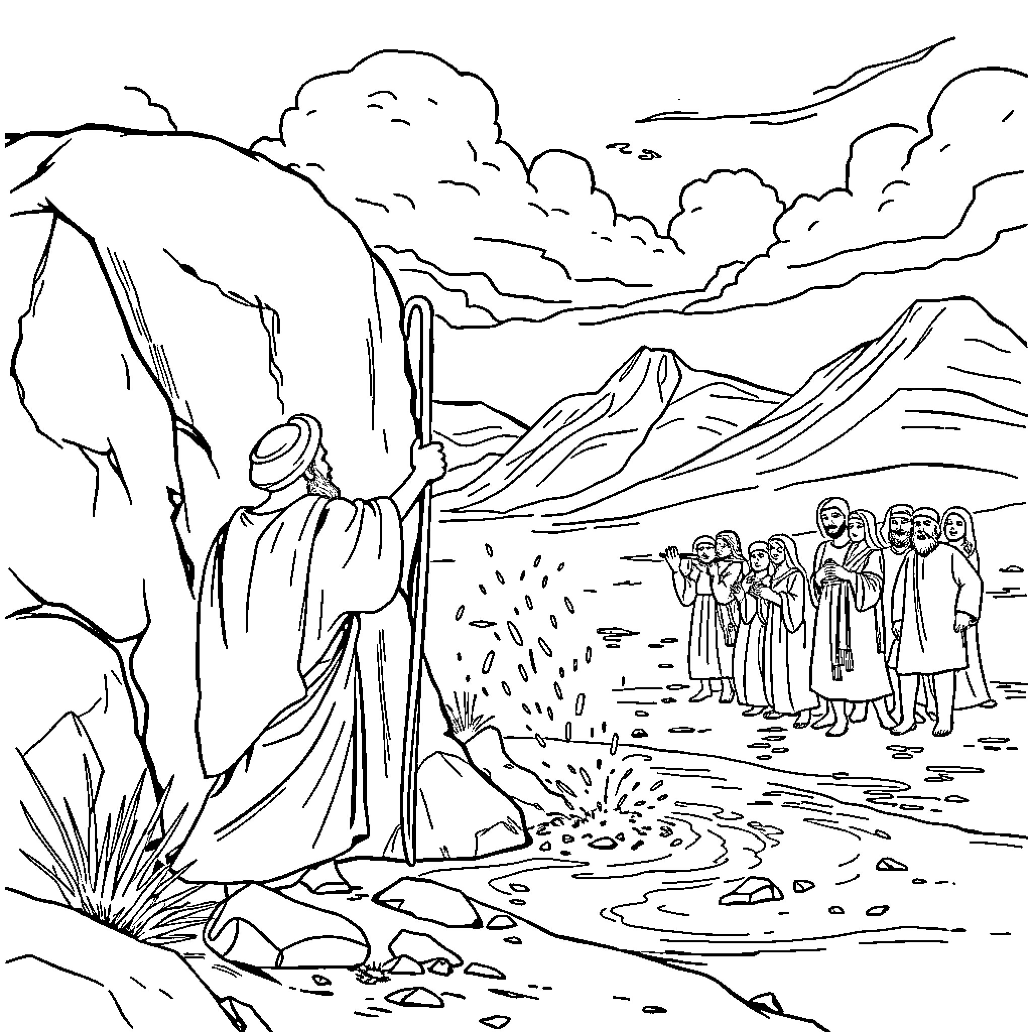 Moses leading the Israelites through the wilderness Coloring Page (free black-and-white line drawing printable PDF for all, from beginners to advanced learners, including children, teens, adults, and seniors)