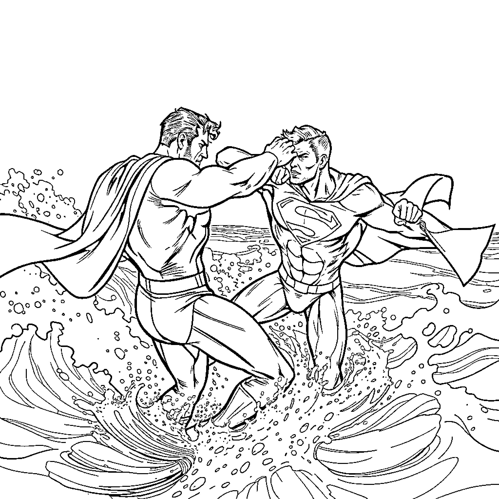 Superman fighting with villain in dramatic underwater scene Coloring Page (free black-and-white line drawing printable PDF for all, from beginners to advanced learners, including children, teens, adults, and seniors)