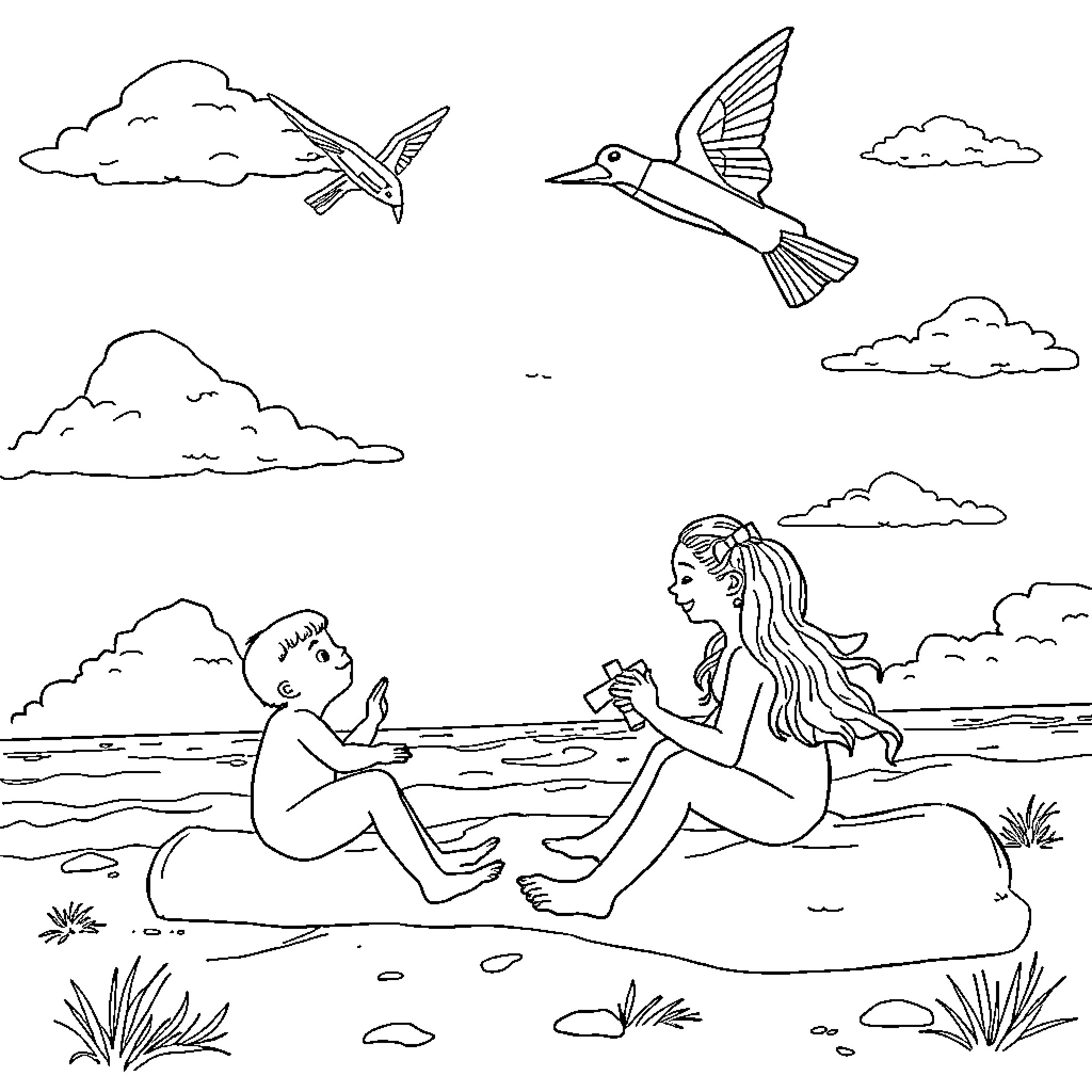 Nina enjoys a tranquil day at the beach with friends Coloring Page (free black-and-white line drawing printable PDF for all, from beginners to advanced learners, including children, teens, adults, and seniors)